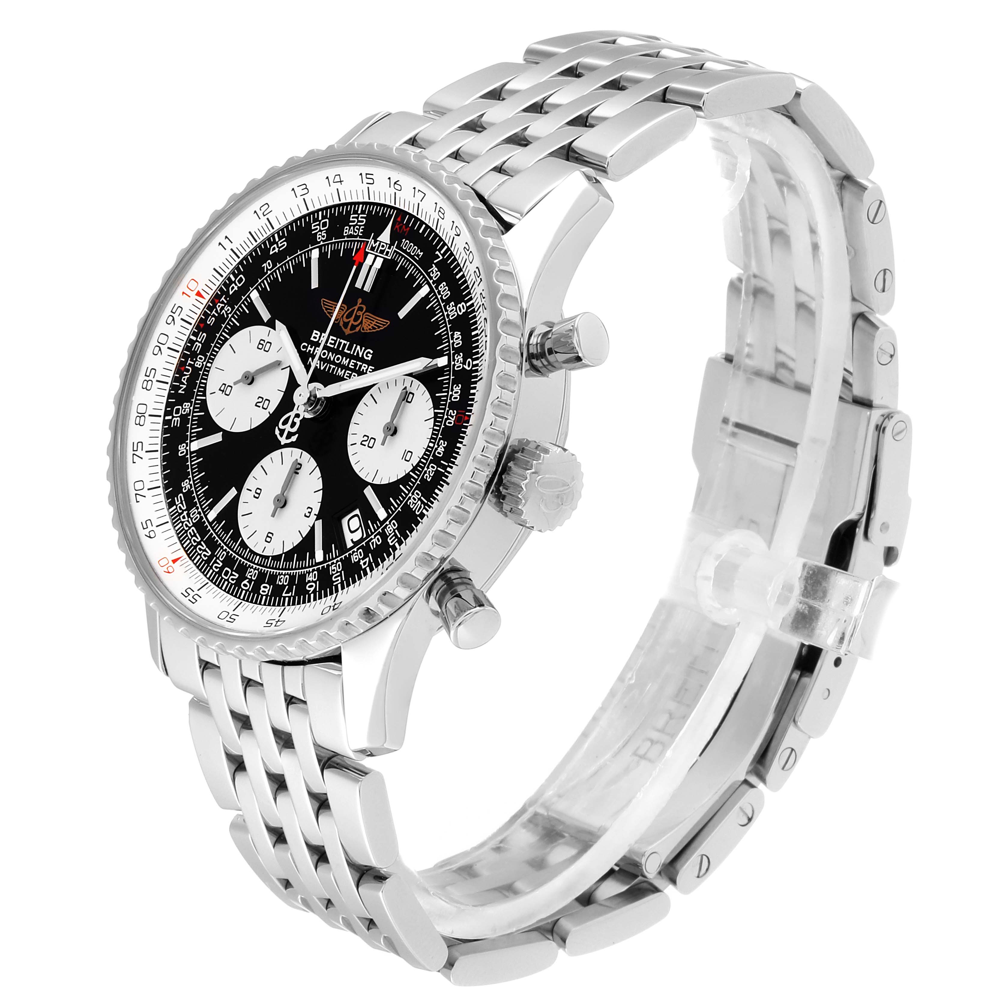 The Breitling Navitimer A23322 Men's Stainless Steel Black Dial A23322 Men's Stainless Steel Black Dial watch is shown at a three-quarter angle, highlighting the face, bezel, chronograph dials, and stainless steel bracelet.