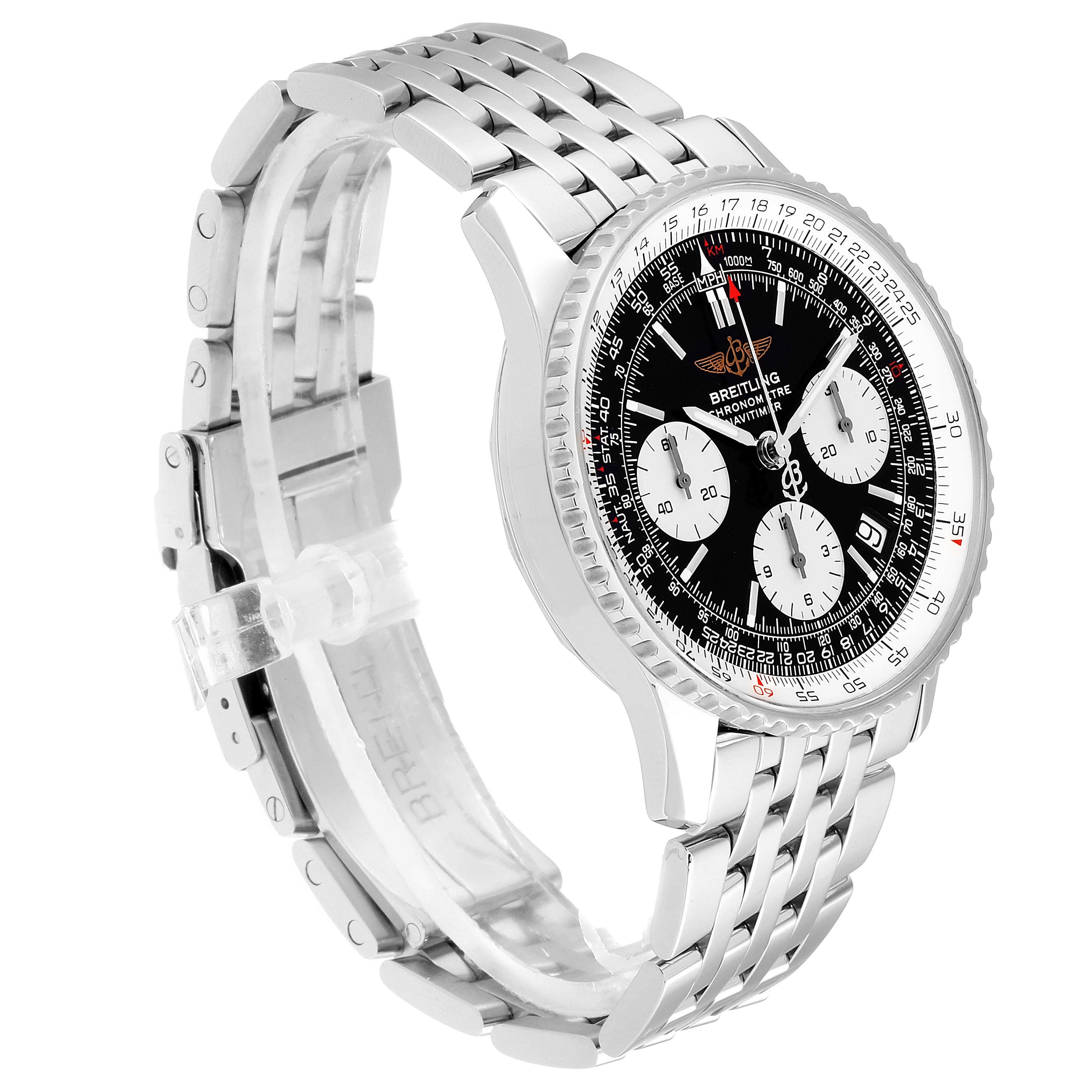The image shows a side view of a Breitling Navitimer A23322 Men's Stainless Steel Black Dial A23322 Men's Stainless Steel Black Dial model, highlighting the watch face, bezel, and stainless steel bracelet.