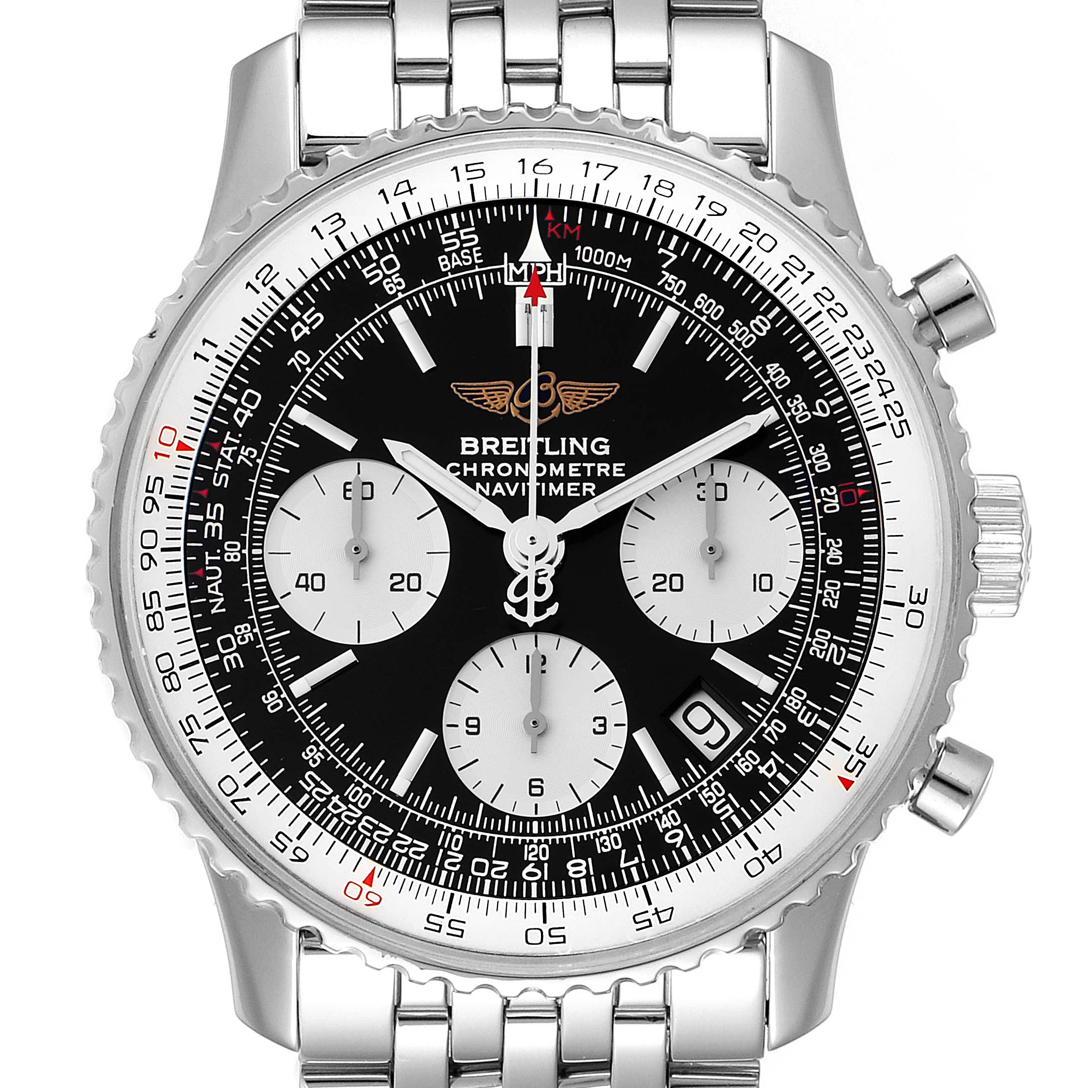 The image shows a front, close-up view of a Breitling Navitimer A23322 Men's Stainless Steel Black Dial A23322 Men's Stainless Steel Black Dial watch, highlighting its dial, three sub-dials, and date display.