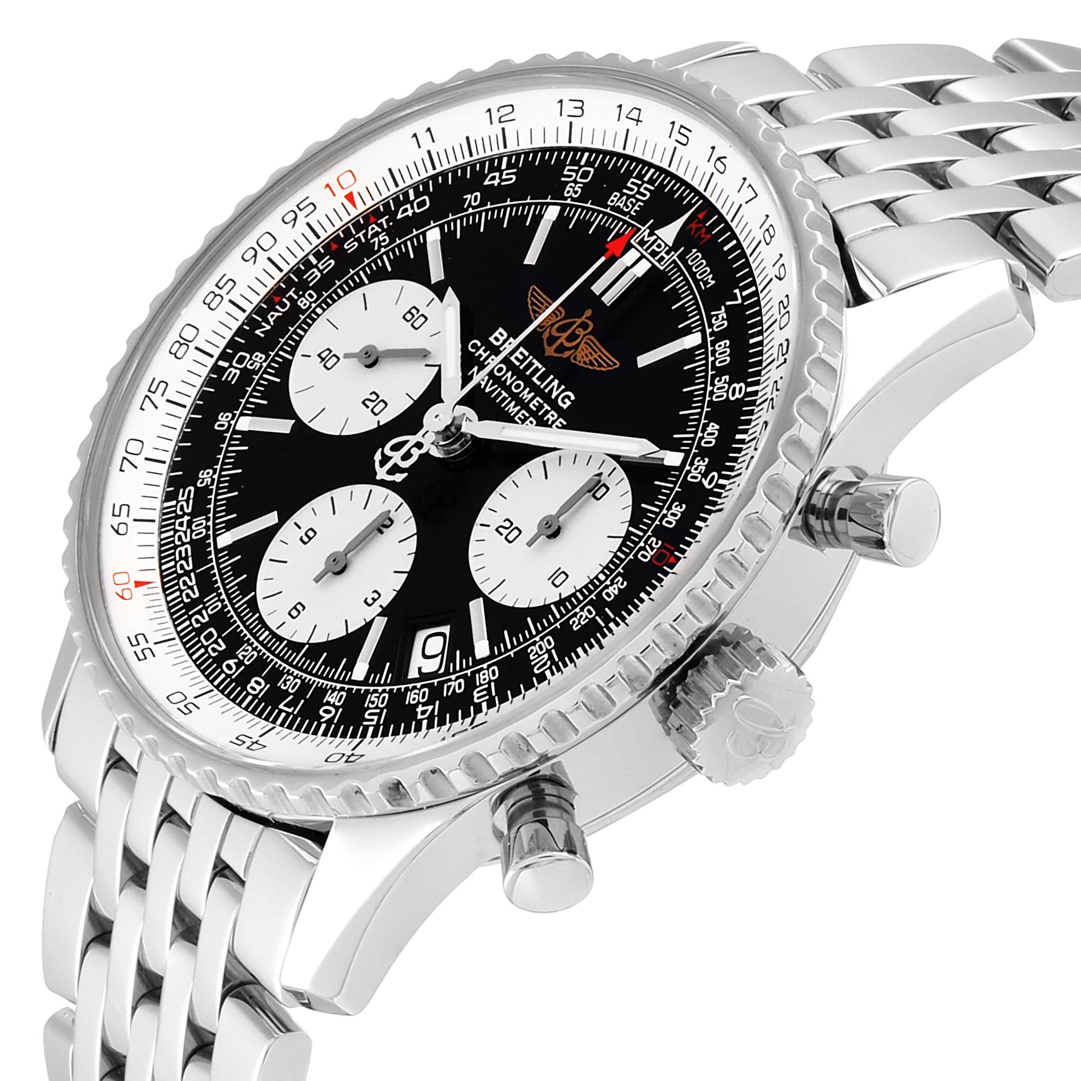 The image shows a side angle of the Breitling Navitimer A23322 Men's Stainless Steel Black Dial A23322 Men's Stainless Steel Black Dial watch highlighting the black dial, chronograph subdials, bezel, and stainless steel bracelet.