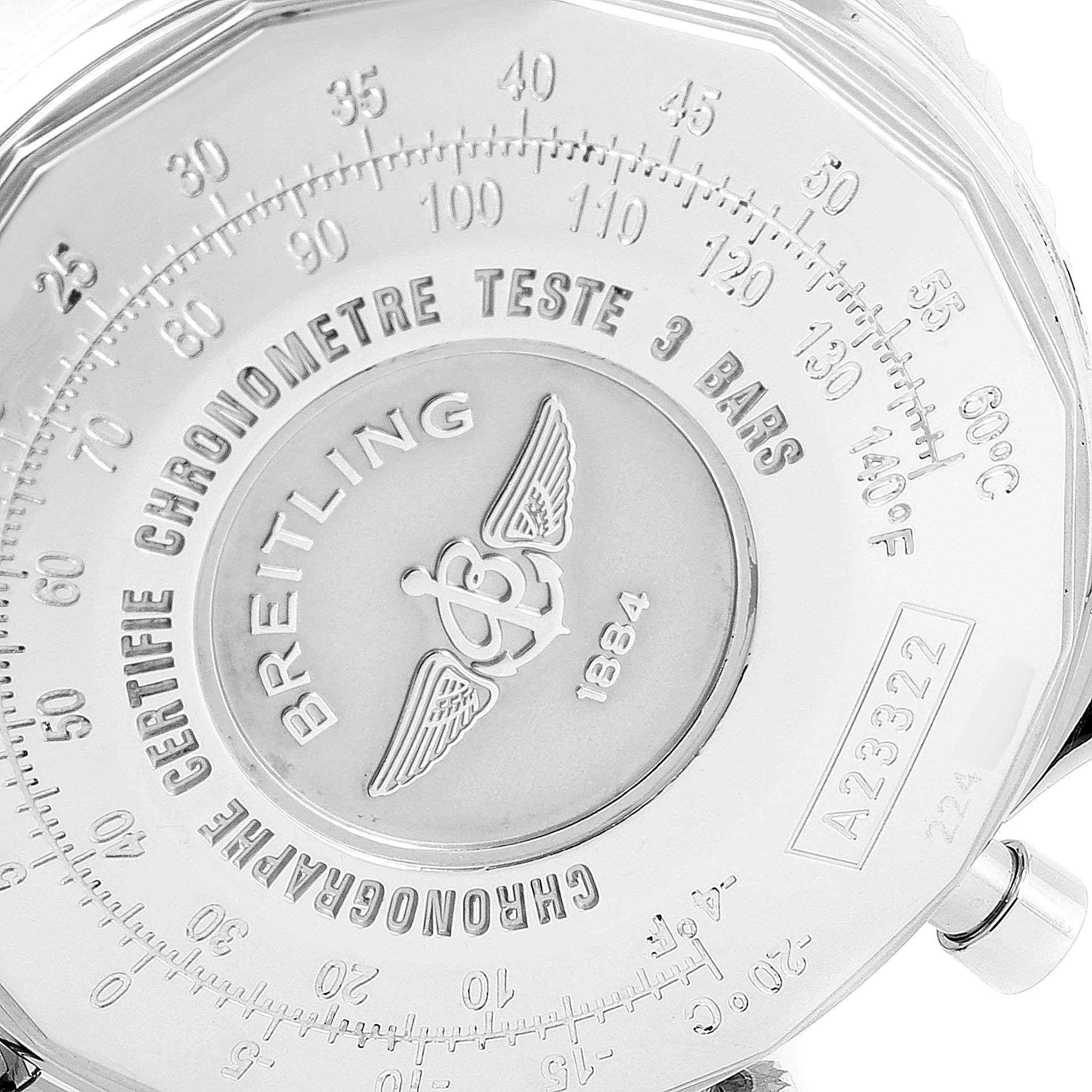 The image shows the back of a Breitling Navitimer A23322 Men's Stainless Steel Black Dial A23322 Men's Stainless Steel Black Dial watch, highlighting the engraved details and branding.