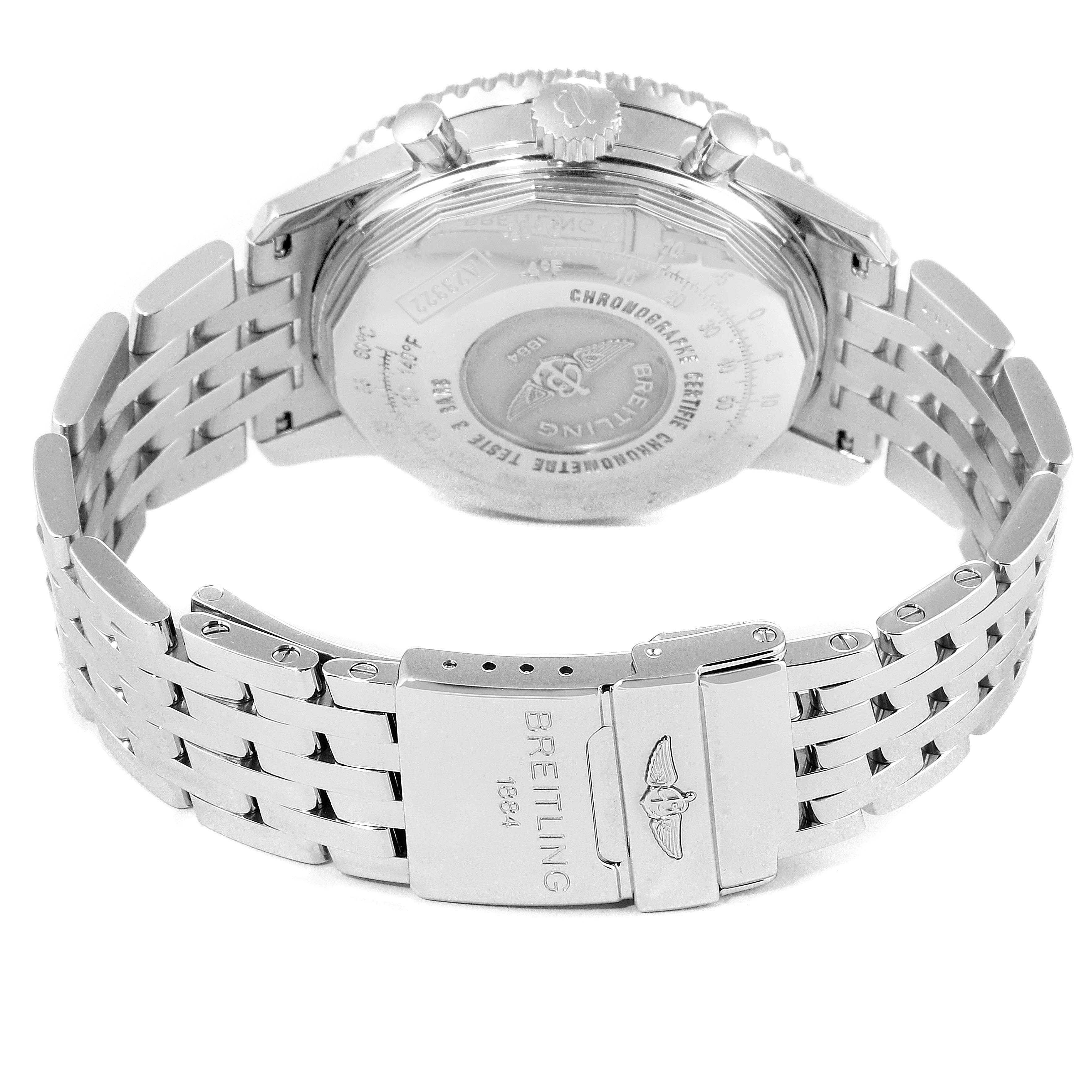 This image shows the back case and metal band of a Breitling Navitimer A23322 Men's Stainless Steel Black Dial A23322 Men's Stainless Steel Black Dial watch from a rear angle.