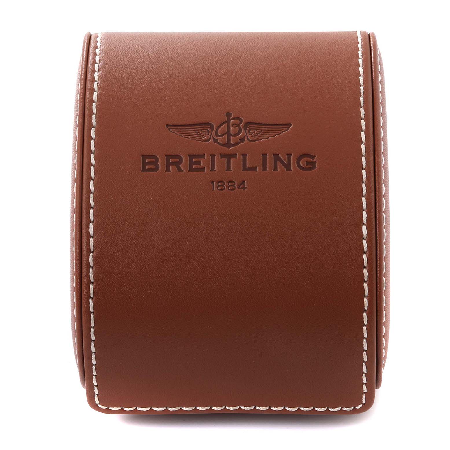 This is a frontal view of a Breitling Avenger A13371 Men's Stainless Steel Black Dial A13371 Men's Stainless Steel Black Dial watch case, featuring the brand's logo and stitching details.
