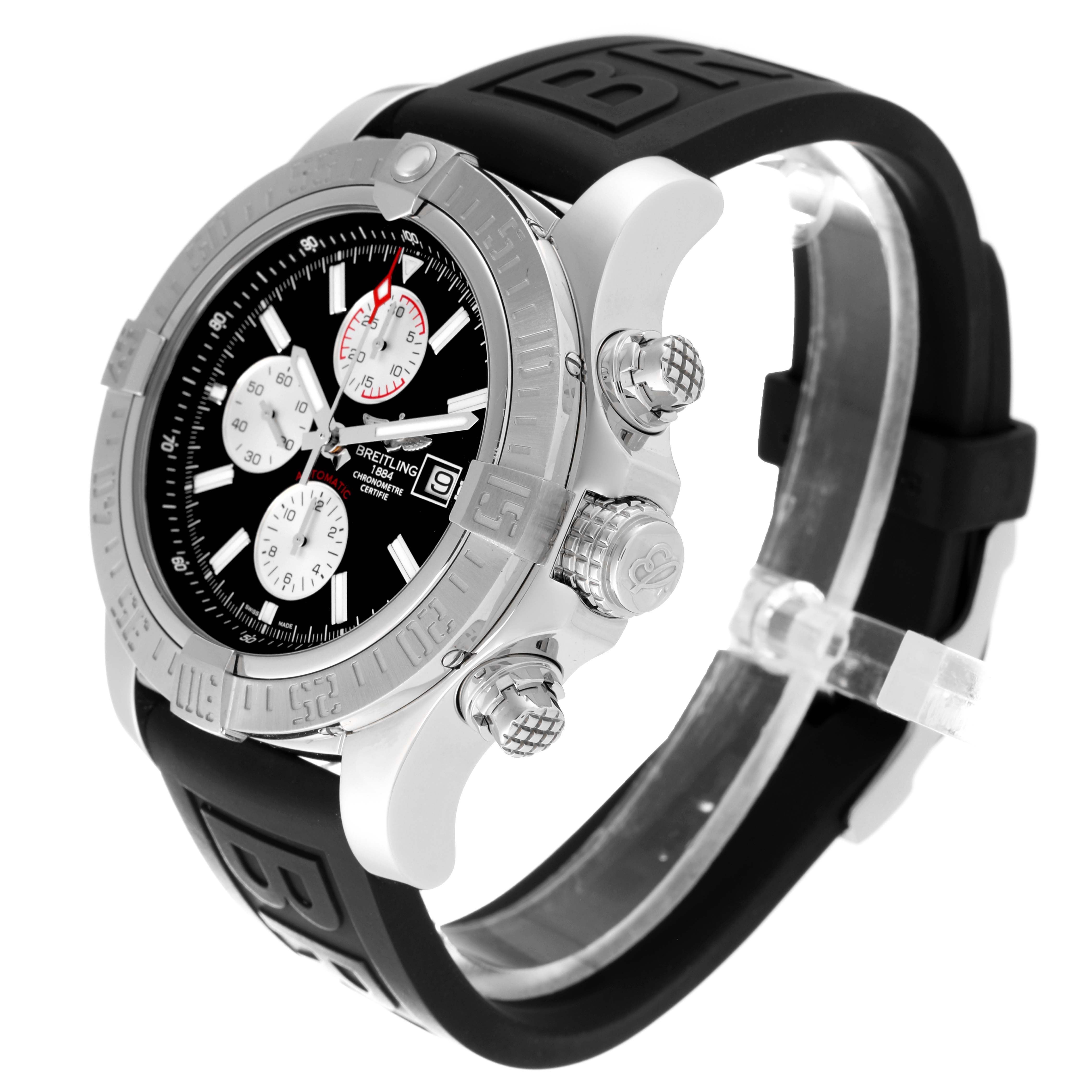 This image shows a Breitling Avenger A13371 Men's Stainless Steel Black Dial A13371 Men's Stainless Steel Black Dial watch at an angle highlighting the face, bezel, crown, pushers, and rubber strap.