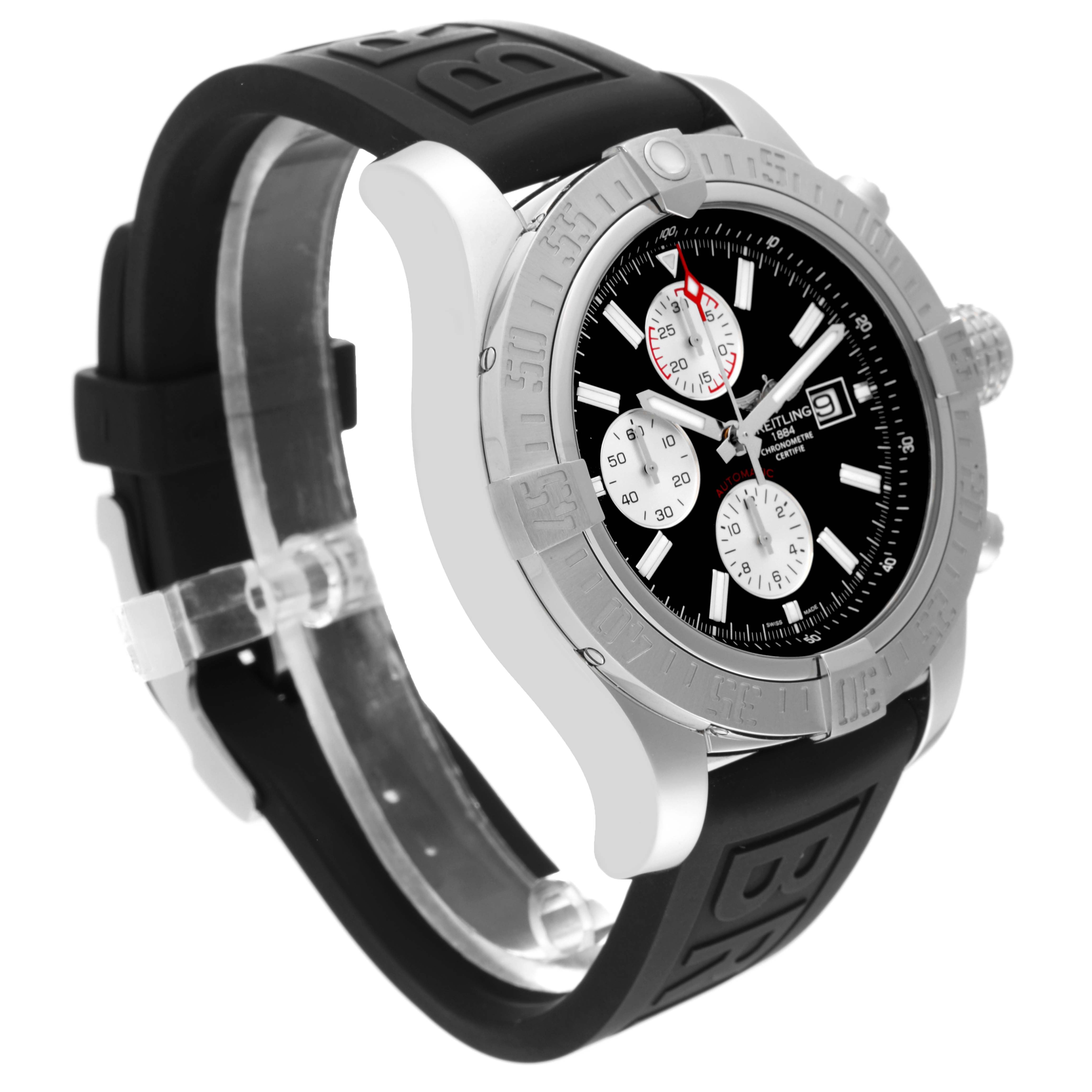 The image shows a side and front angle of the Breitling Avenger A13371 Men's Stainless Steel Black Dial A13371 Men's Stainless Steel Black Dial watch, highlighting its bezel, dial, and black rubber strap.