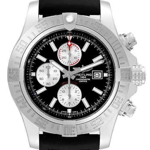 This image shows a front view of the Breitling Avenger watch, highlighting its face, bezel, and chronograph sub-dials.