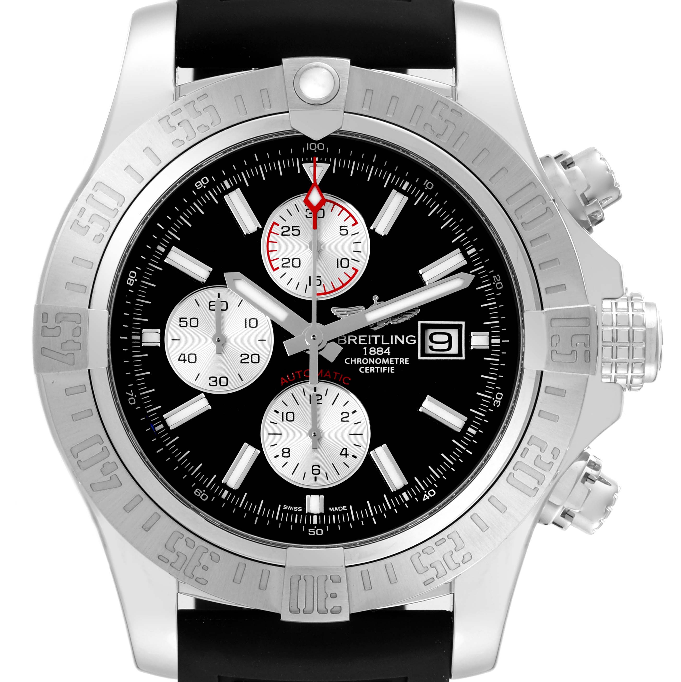 The image shows a front view of the Breitling Avenger A13371 Men's Stainless Steel Black Dial A13371 Men's Stainless Steel Black Dial model, highlighting its face, bezel, and crown.