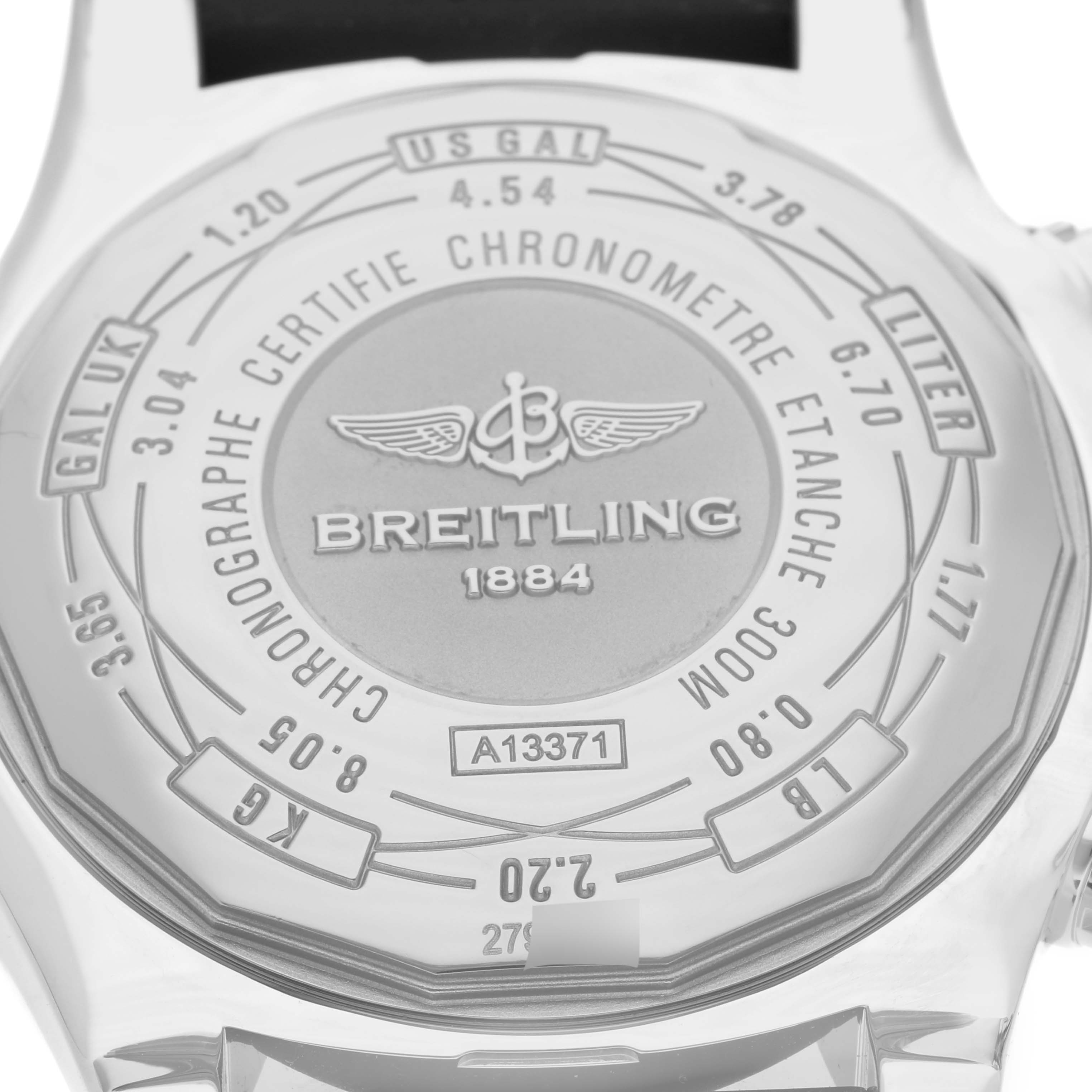 This image shows the back case of a Breitling Avenger A13371 Men's Stainless Steel Black Dial A13371 Men's Stainless Steel Black Dial watch, highlighting the brand's logo and various specifications.