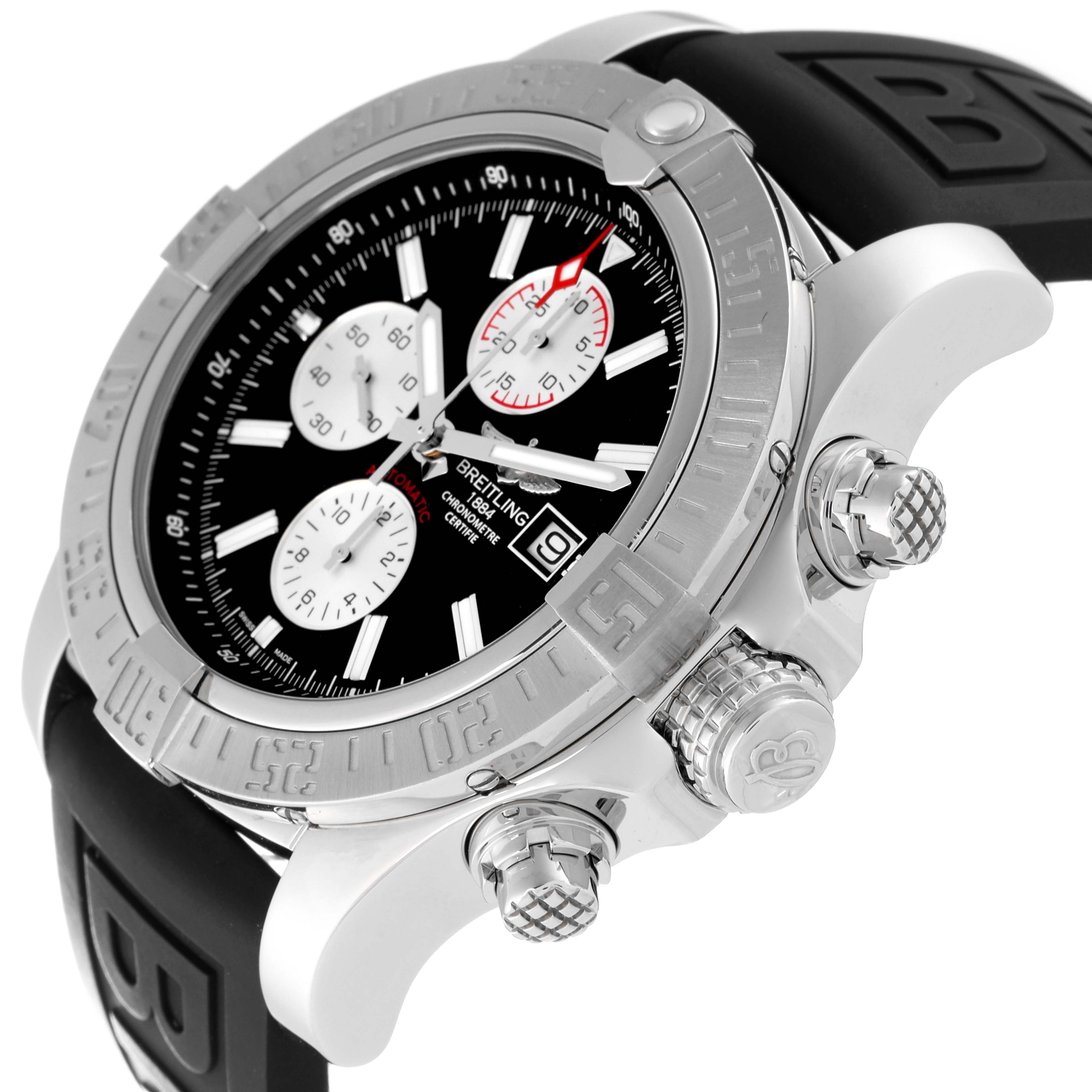 This Breitling Avenger A13371 Men's Stainless Steel Black Dial A13371 Men's Stainless Steel Black Dial watch is shown at a side angle, highlighting the bezel, dial, crown, pushers, and strap.