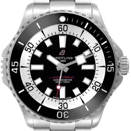 The image shows a frontal view of the Breitling Superocean watch, highlighting its dial, bezel, and part of the stainless steel bracelet.