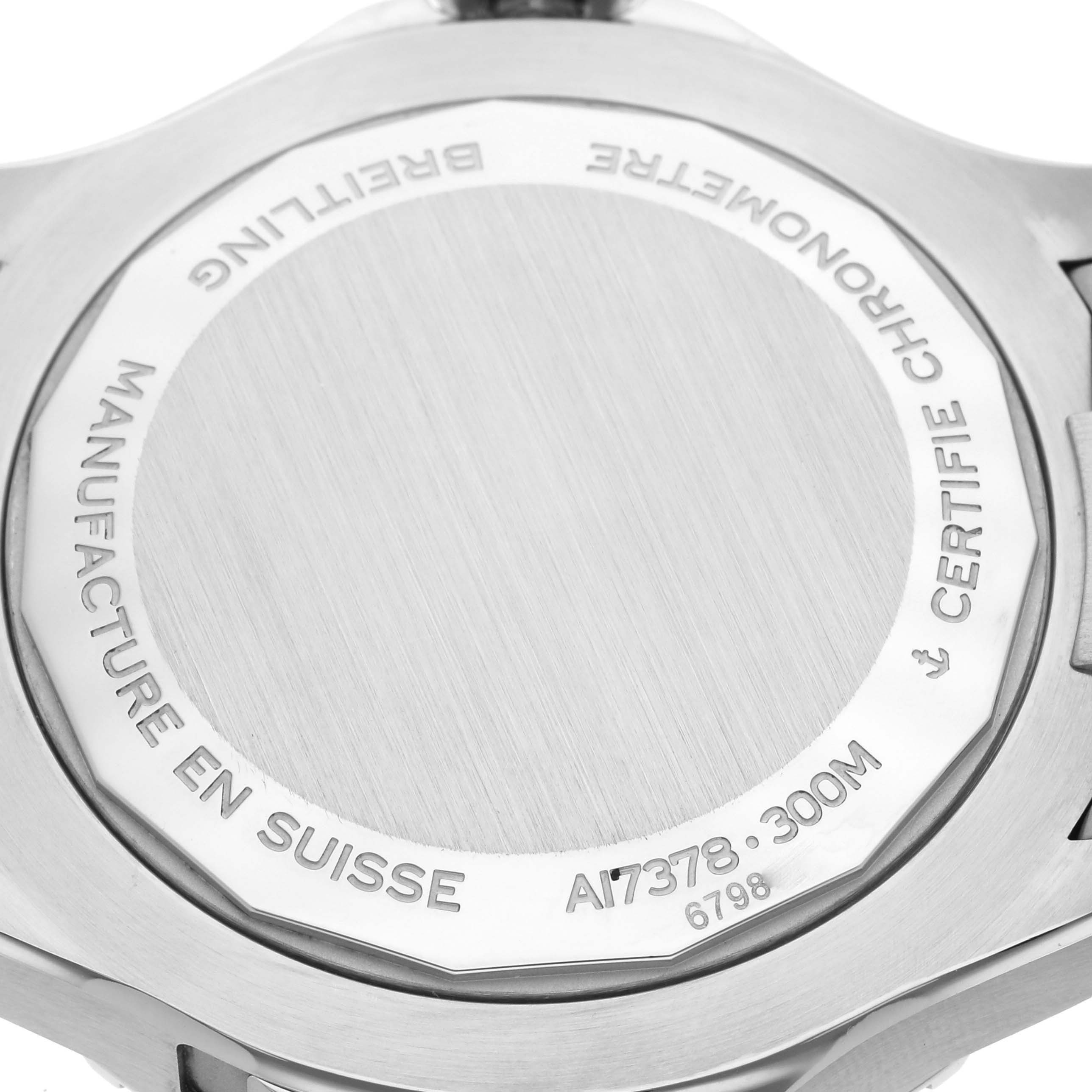 The image shows the case back of the Breitling Superocean A17378E71C1A Men
s Stainless Steel Black Dial A17378E71C1A Men
s Stainless Steel Black Dial watch, displaying the engravings and specifications.