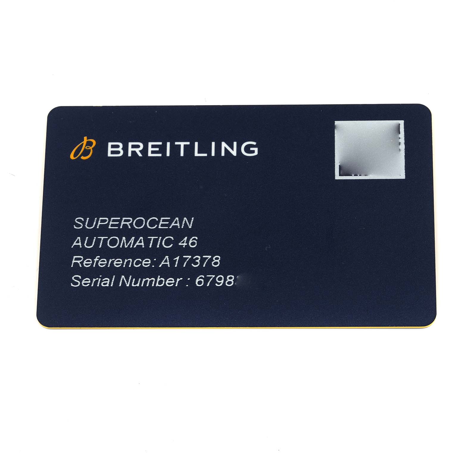 This image shows a warranty card for the Breitling Superocean A17378E71C1A Men
s Stainless Steel Black Dial A17378E71C1A Men
s Stainless Steel Black Dial Automatic 46 with reference number A17378 and serial number 6798.