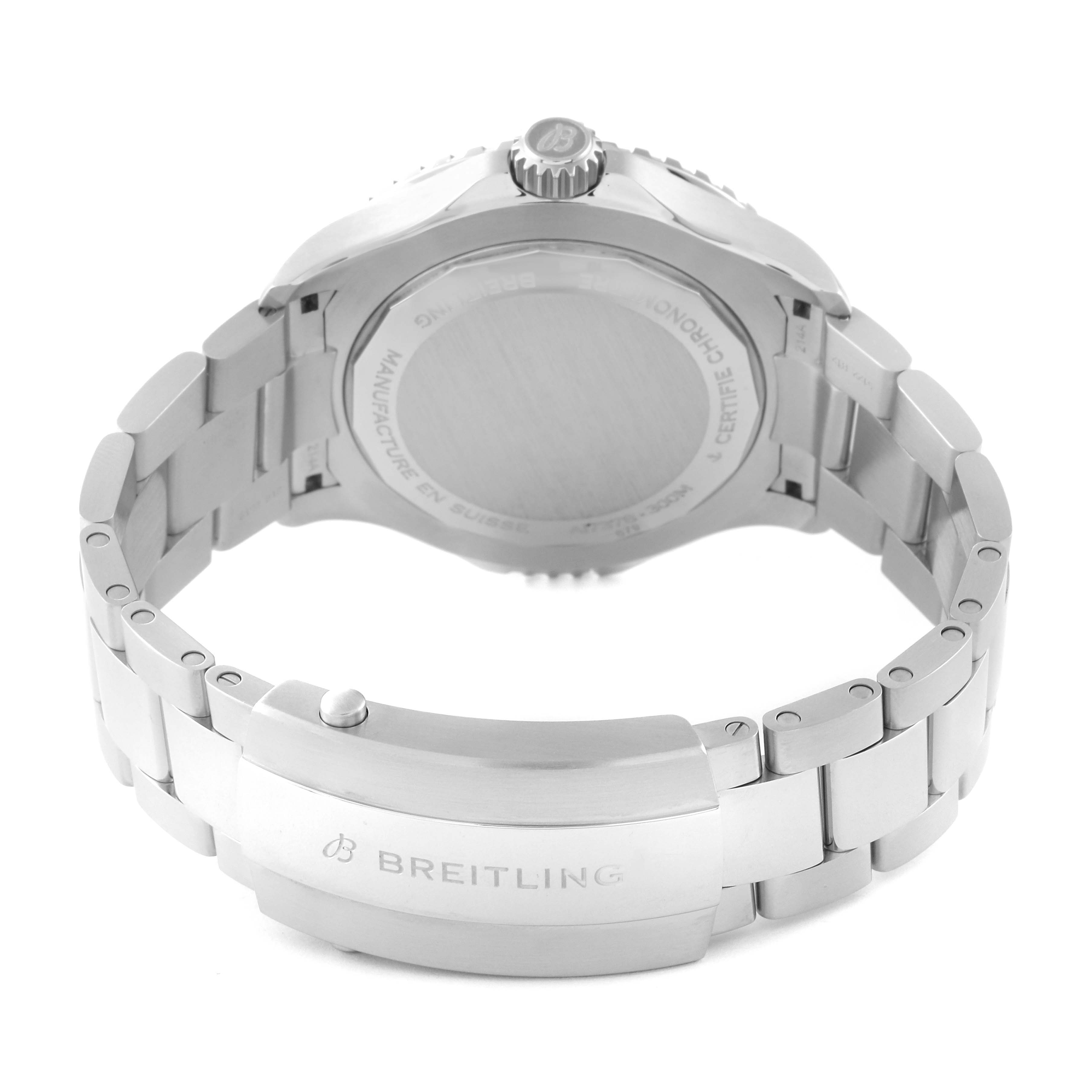 The image shows the back and clasp of the Breitling Superocean A17378E71C1A Men
s Stainless Steel Black Dial A17378E71C1A Men
s Stainless Steel Black Dial watch from an angled rear perspective.