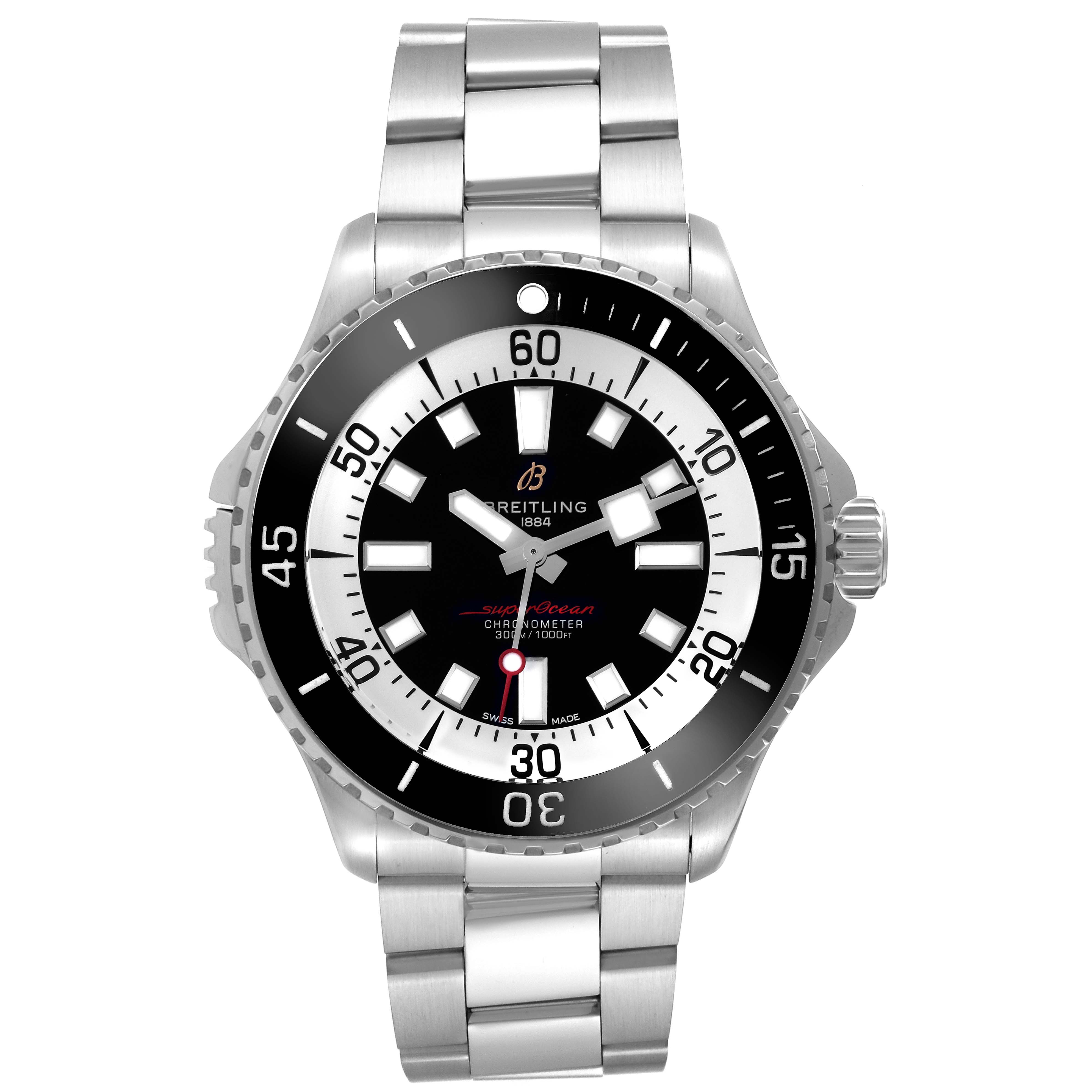 The image shows a front view of the Breitling Superocean A17378E71C1A Men
s Stainless Steel Black Dial A17378E71C1A Men
s Stainless Steel Black Dial watch, highlighting its dial, bezel, and metal bracelet.
