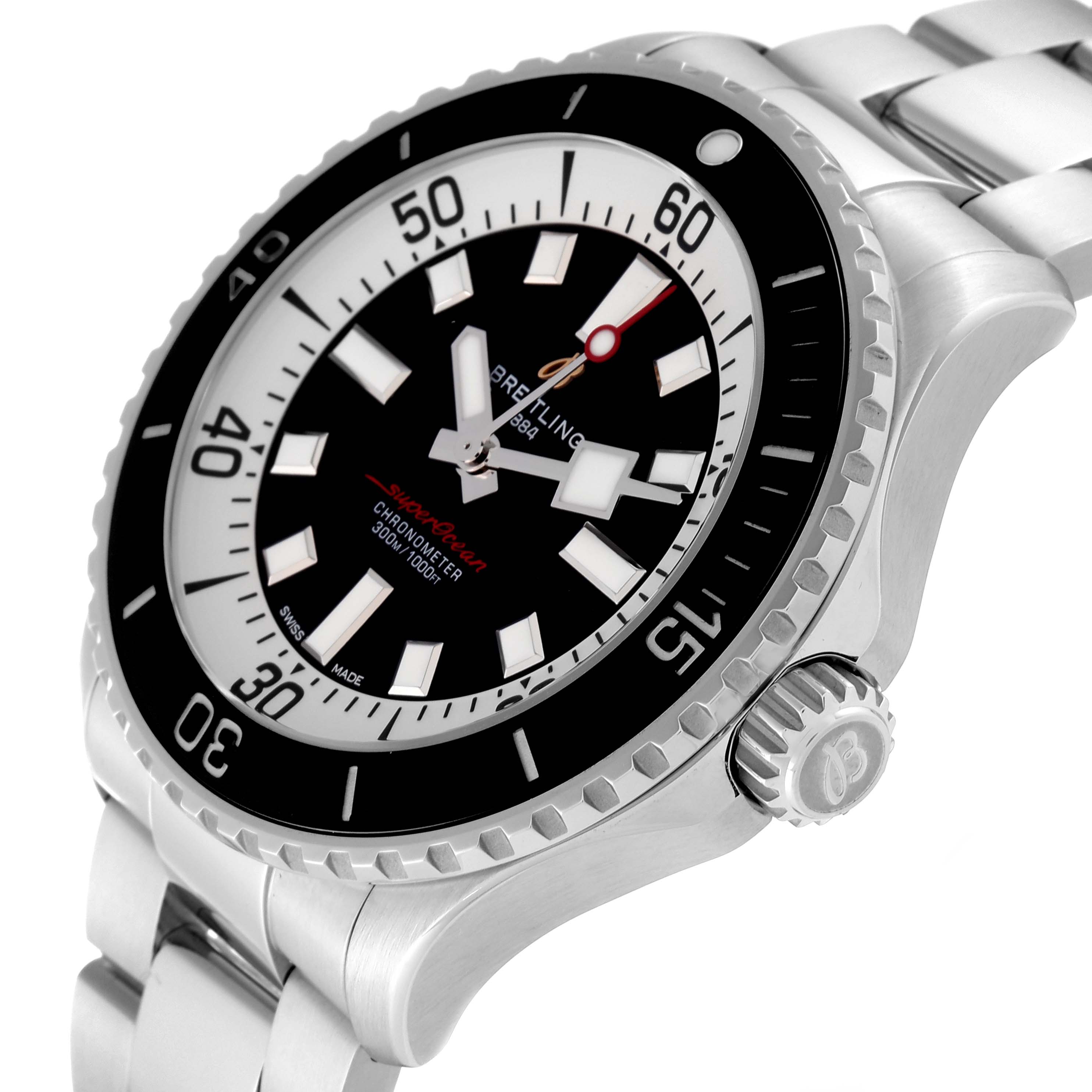 The Breitling Superocean A17378E71C1A Men
s Stainless Steel Black Dial A17378E71C1A Men
s Stainless Steel Black Dial watch is shown at a side angle, highlighting the bezel, dial, and stainless steel bracelet.