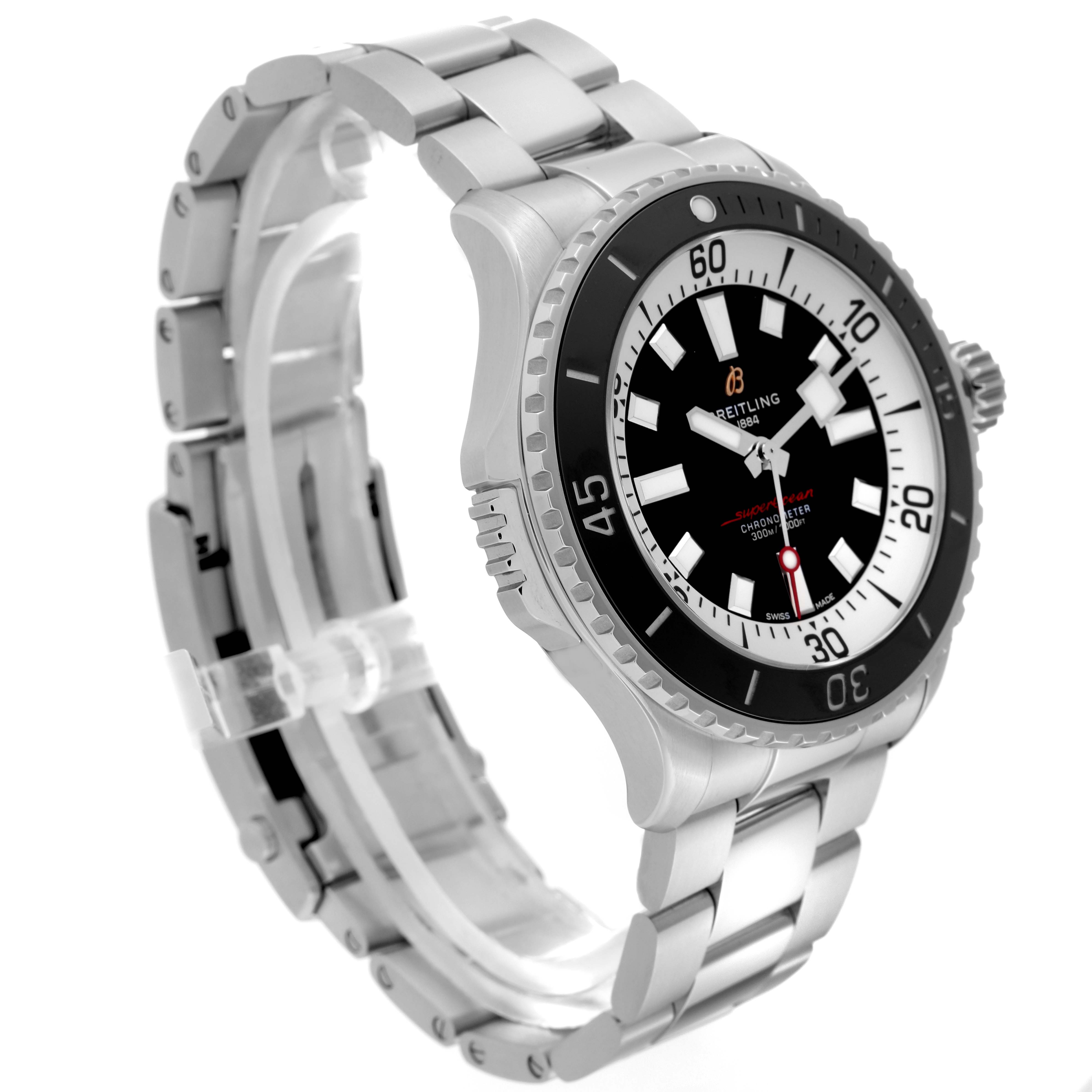 This image shows a Breitling Superocean A17378E71C1A Men
s Stainless Steel Black Dial A17378E71C1A Men
s Stainless Steel Black Dial watch at an angle highlighting its face, bezel, and stainless steel bracelet.