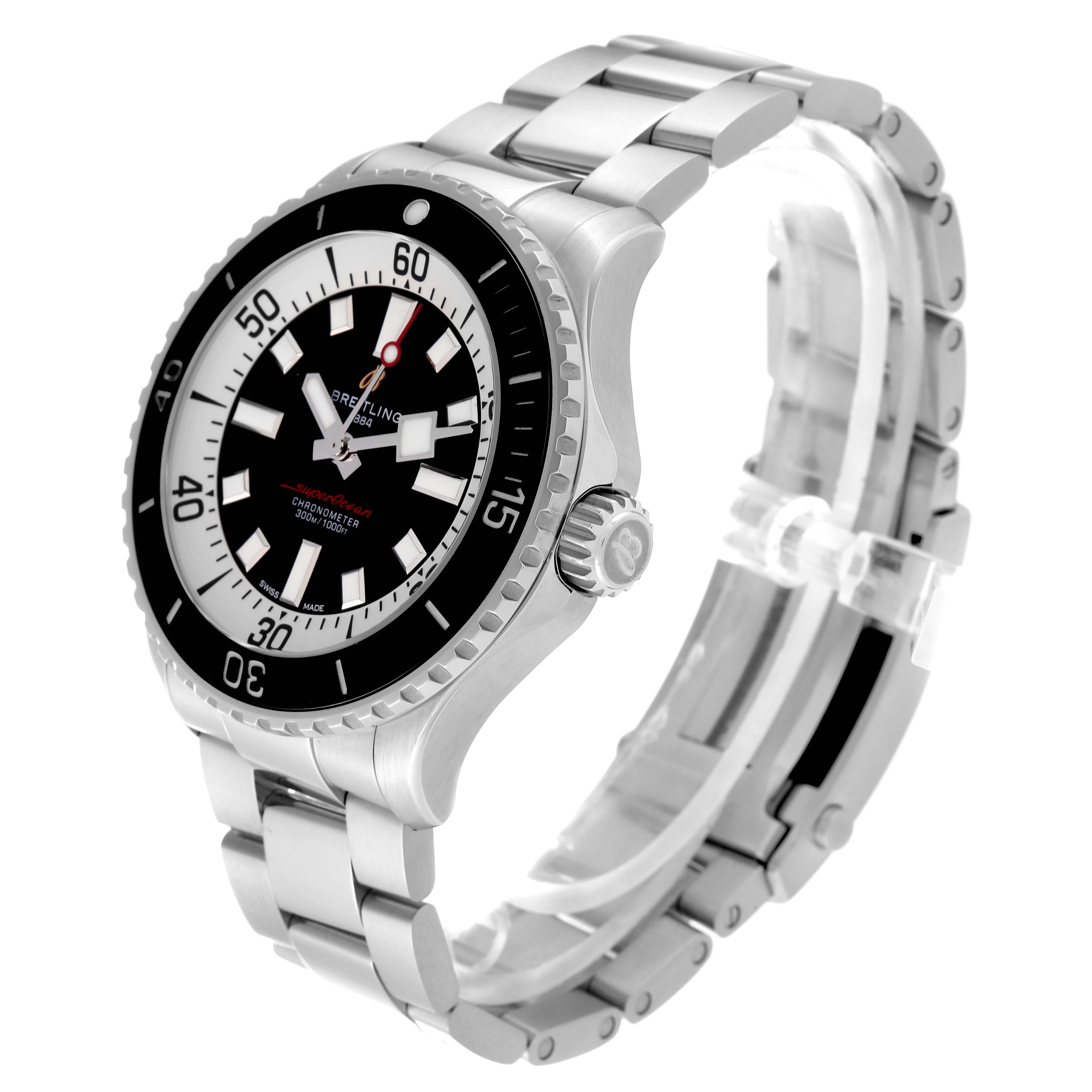 This is a Breitling Superocean A17378E71C1A Men
s Stainless Steel Black Dial A17378E71C1A Men
s Stainless Steel Black Dial watch shown at a 3/4 angle, featuring the bezel, crown, dial, and stainless steel bracelet.