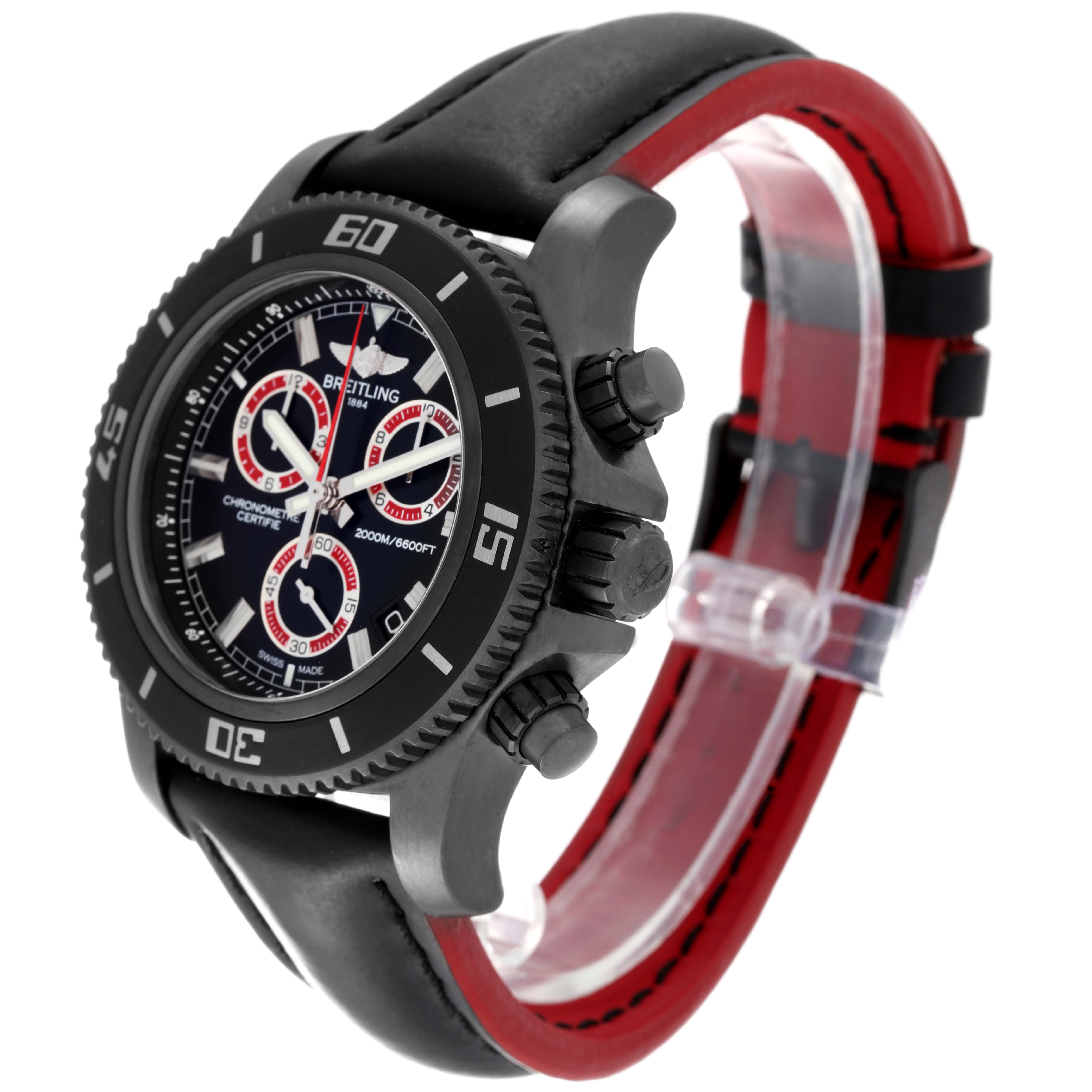 The image shows a Breitling Superocean M73310B7 Men's Stainless Steel Black Dial M73310B7 Men's Stainless Steel Black Dial watch at a three-quarter angle, highlighting the bezel, crown, and leather strap.