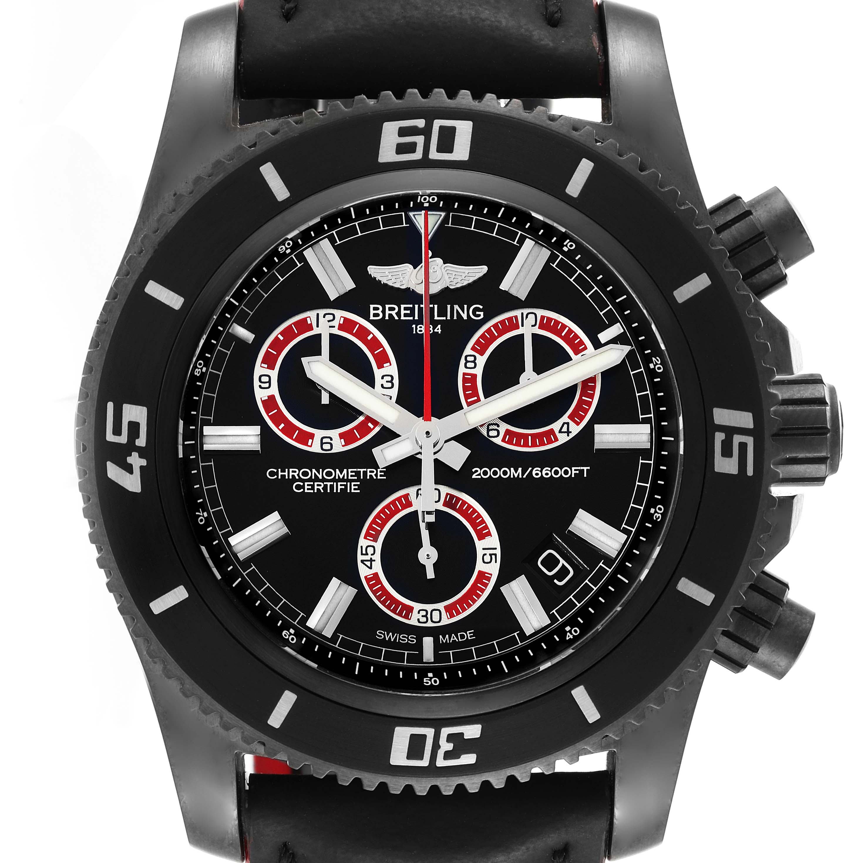 This image shows a front view of a Breitling Superocean M73310B7 Men's Stainless Steel Black Dial M73310B7 Men's Stainless Steel Black Dial watch displaying the dial, bezel, and part of the strap.