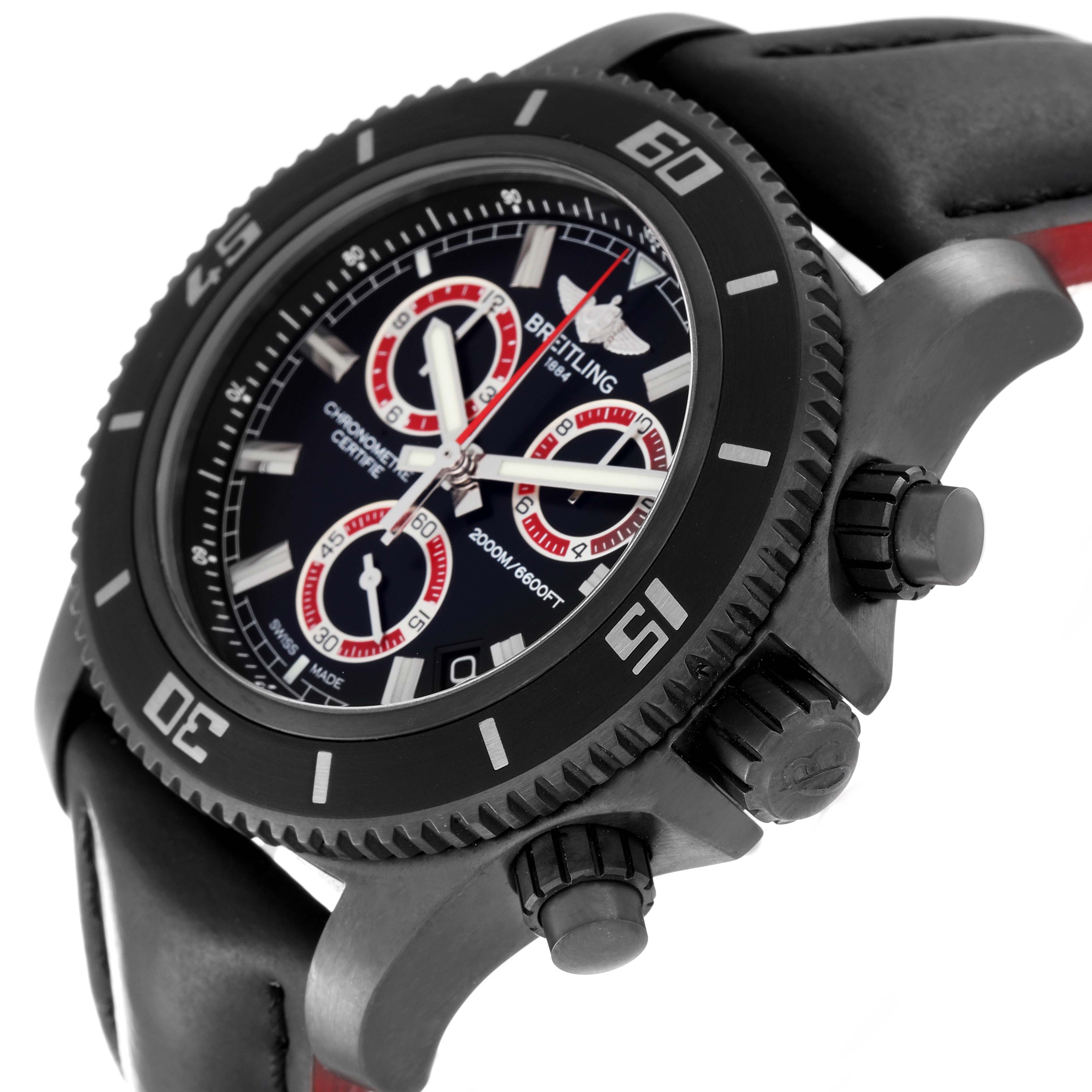 The image shows a side and partial front view of a Breitling Superocean M73310B7 Men's Stainless Steel Black Dial M73310B7 Men's Stainless Steel Black Dial watch, featuring its bezel, dial, and push buttons.