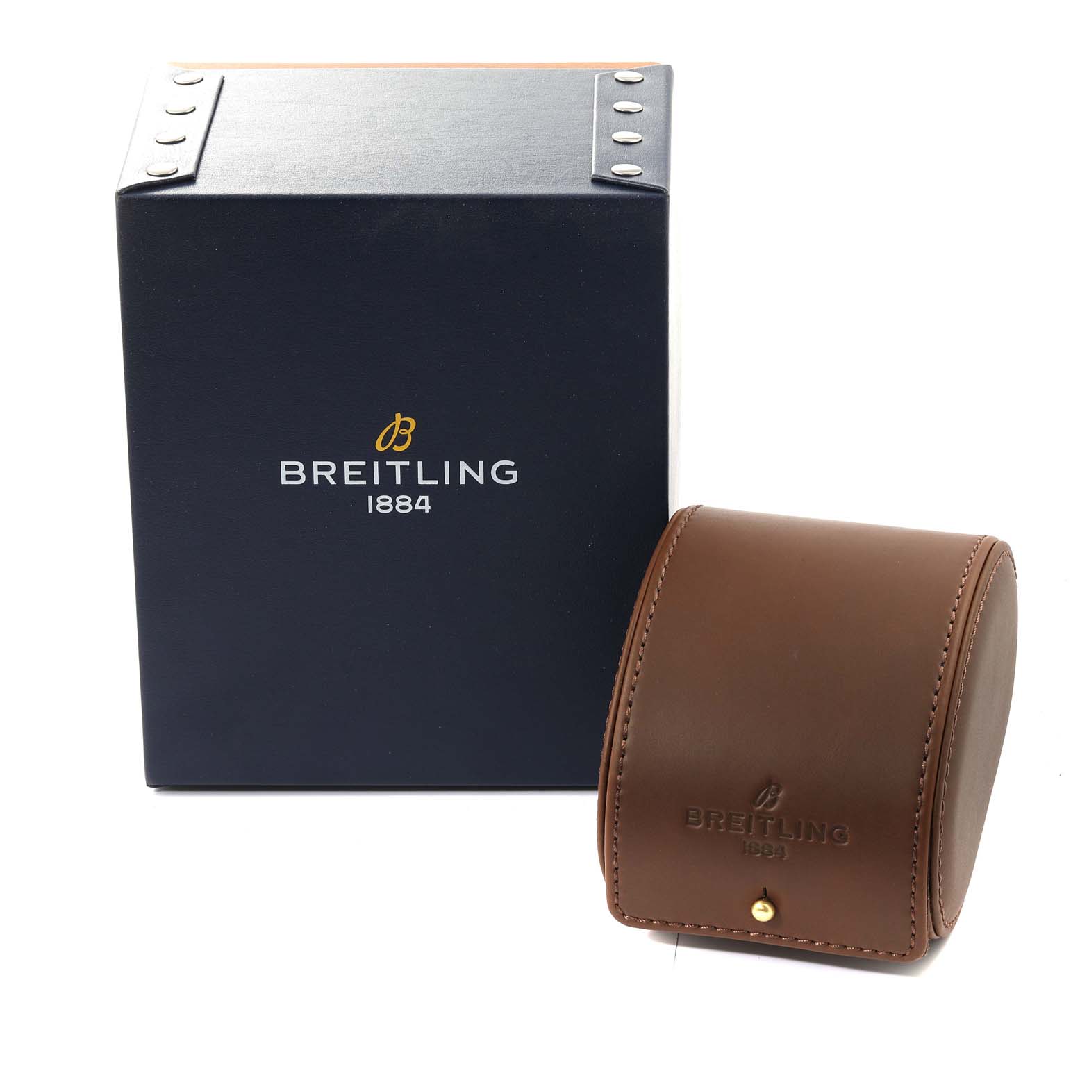 The image shows the packaging box and a leather case for the Breitling Superocean M73310B7 Men's Stainless Steel Black Dial M73310B7 Men's Stainless Steel Black Dial watch.