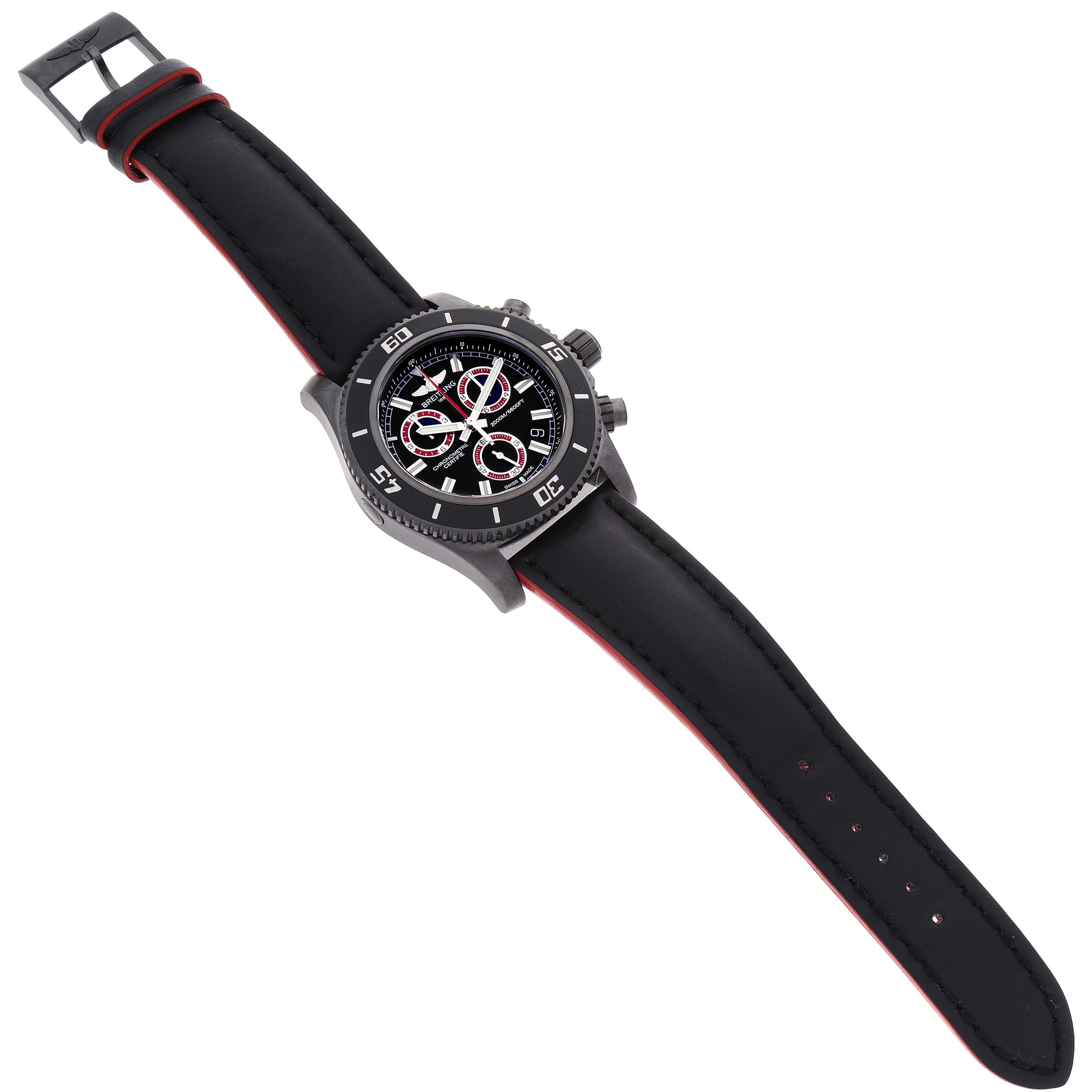 This image shows a Breitling Superocean M73310B7 Men's Stainless Steel Black Dial M73310B7 Men's Stainless Steel Black Dial watch with a black strap, black bezel, and visible chronograph subdials from an angled top-down view.