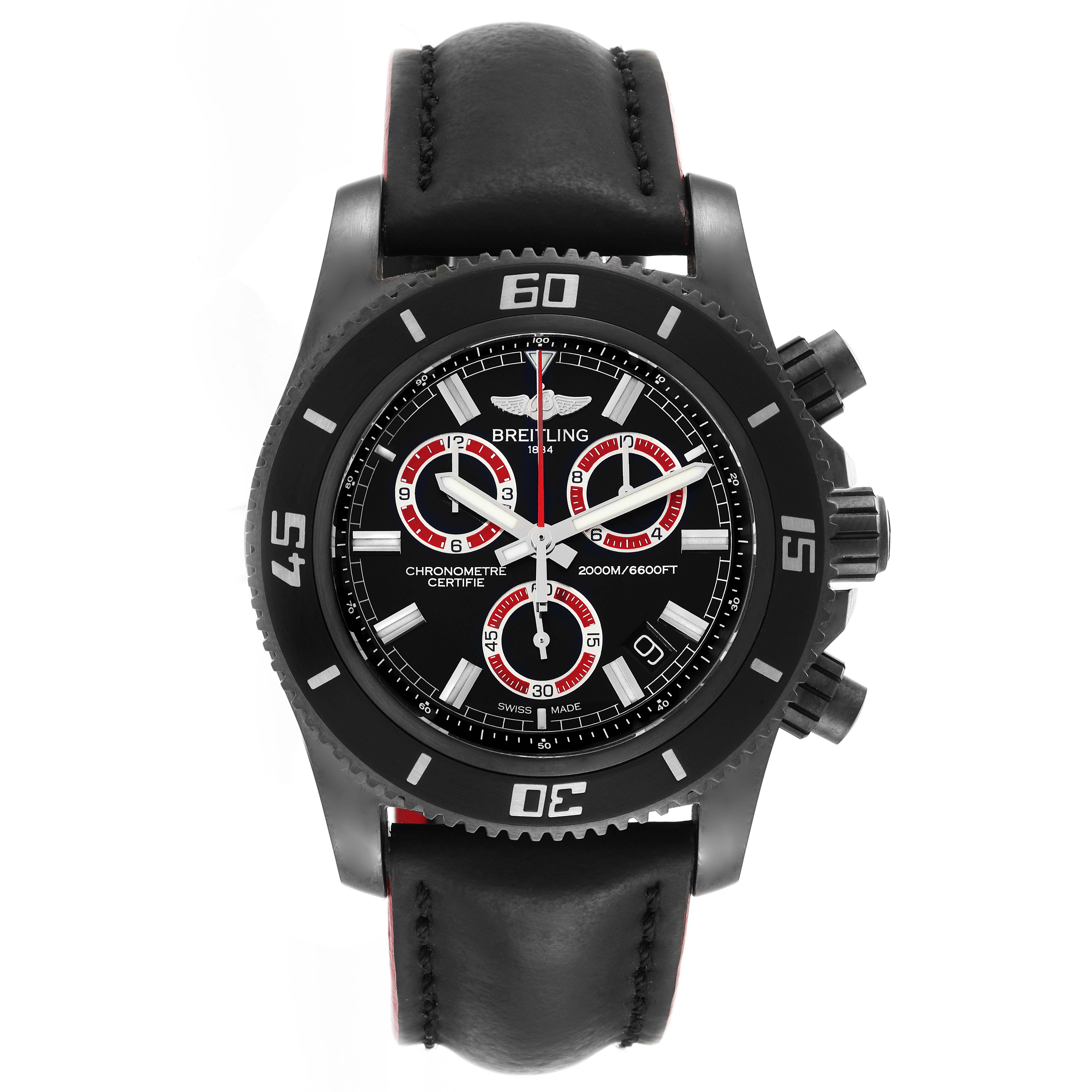 This image shows a front view of the Breitling Superocean M73310B7 Men's Stainless Steel Black Dial M73310B7 Men's Stainless Steel Black Dial watch, displaying the dial, bezel, and leather strap.