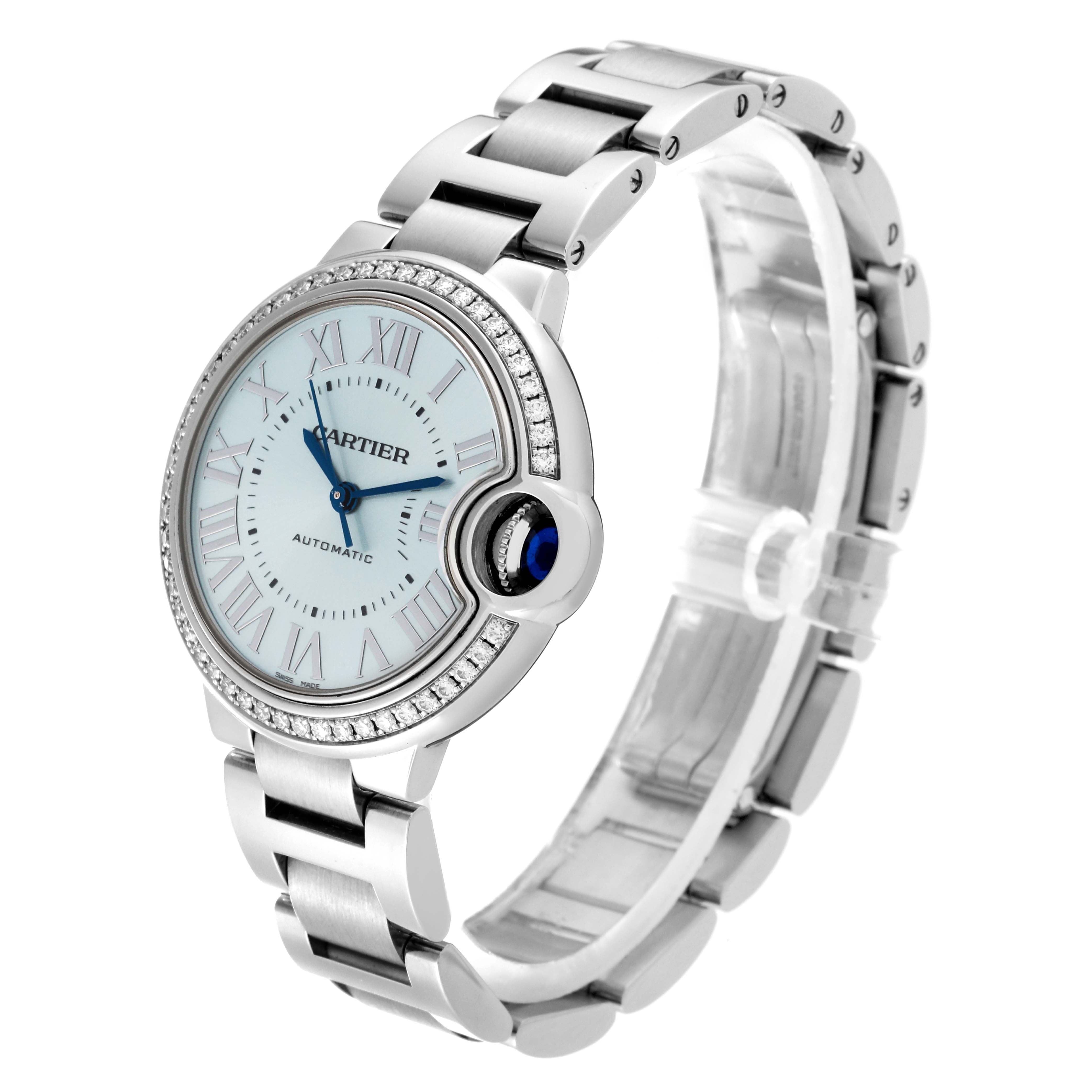 This image shows a Cartier Ballon Bleu W4BB0028 Women's Stainless Steel Blue Dial W4BB0028 Women's Stainless Steel Blue Dial watch at an angle that highlights its face, bezel, and bracelet.