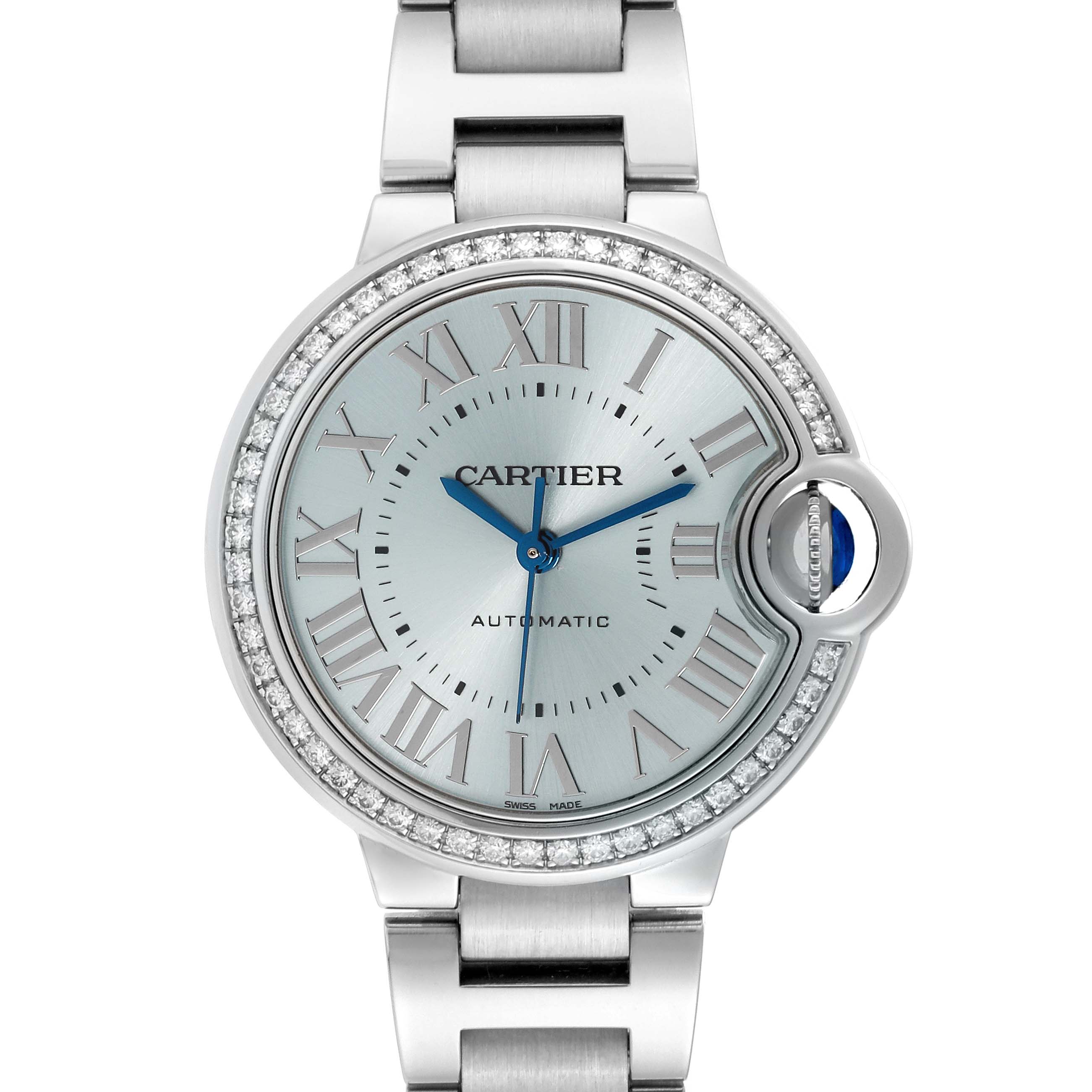 The image shows a front view of the Cartier Ballon Bleu W4BB0028 Women's Stainless Steel Blue Dial W4BB0028 Women's Stainless Steel Blue Dial watch, featuring its dial, bracelet, and diamond-set bezel.