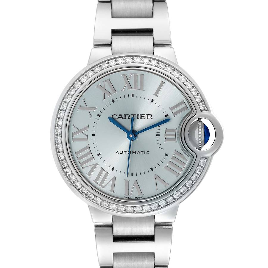 Cartier Ballon Bleu 33mm Blue Silver Diamond Dial Steel Ladies Watch W4BB0028 SwissWatchExpo