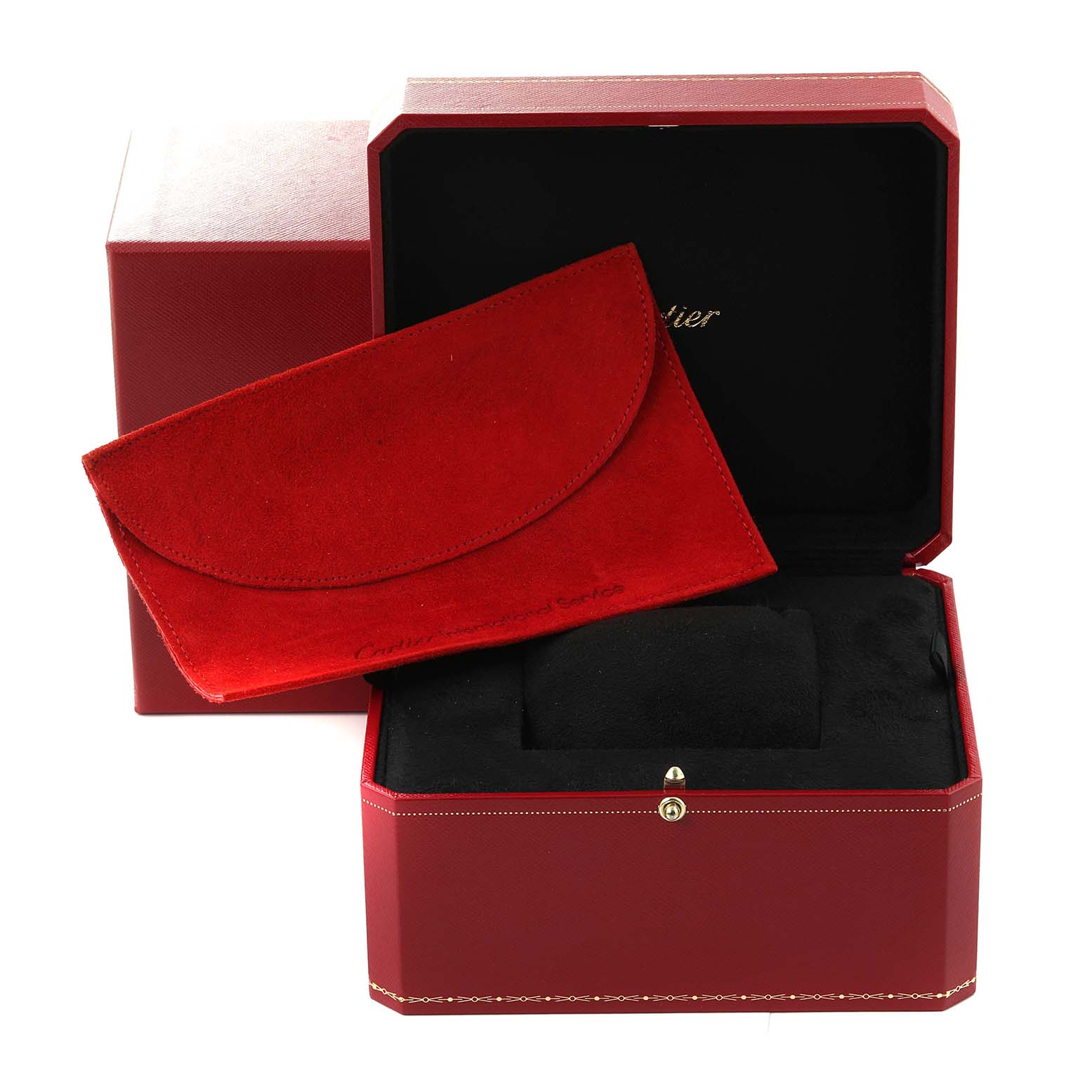 The image shows the red and black presentation box and suede pouch for the Cartier Ballon Bleu W4BB0028 Women's Stainless Steel Blue Dial W4BB0028 Women's Stainless Steel Blue Dial model watch, viewed from a front angle.