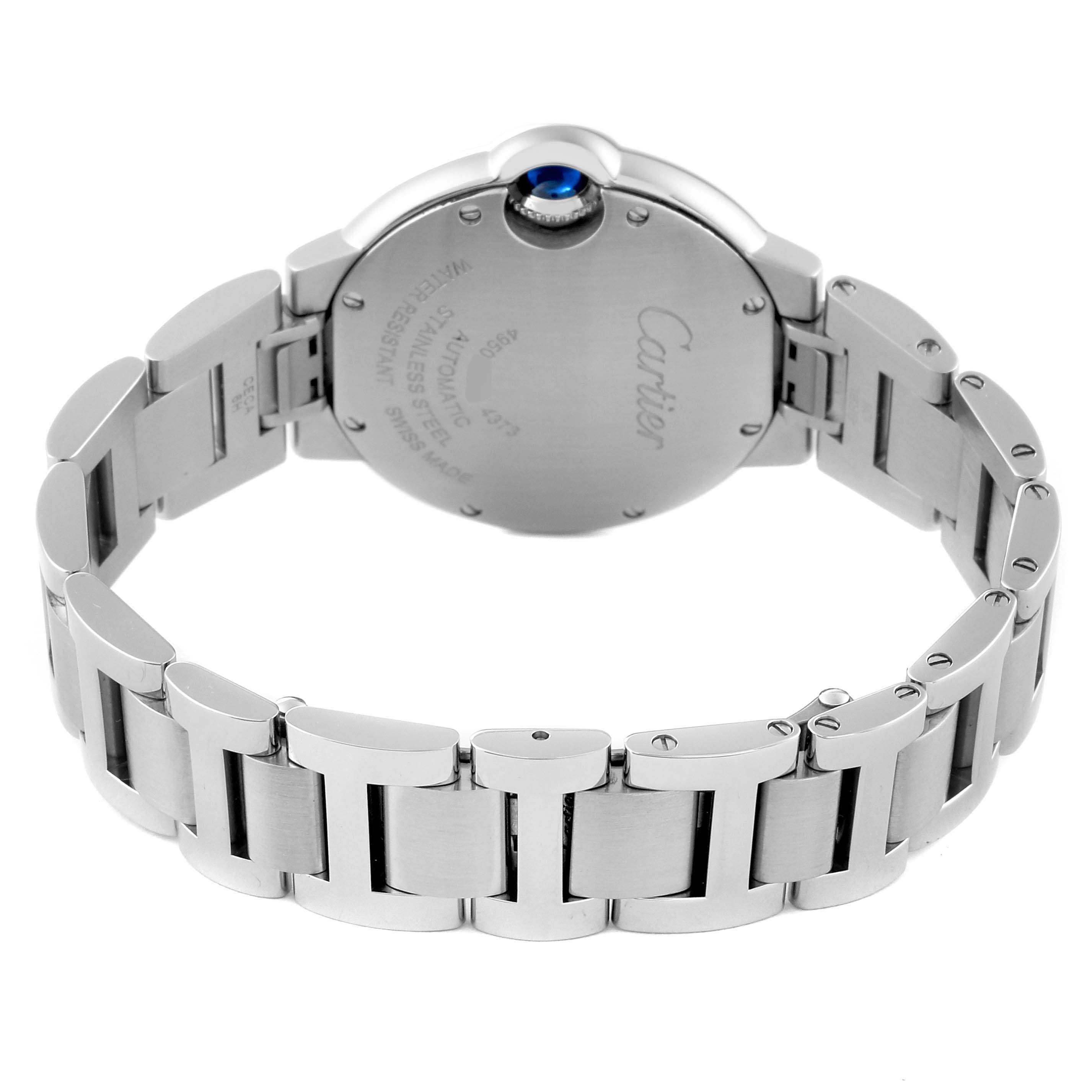 The image shows the back view of a Ballon Bleu by Cartier watch, highlighting its bracelet and case back.