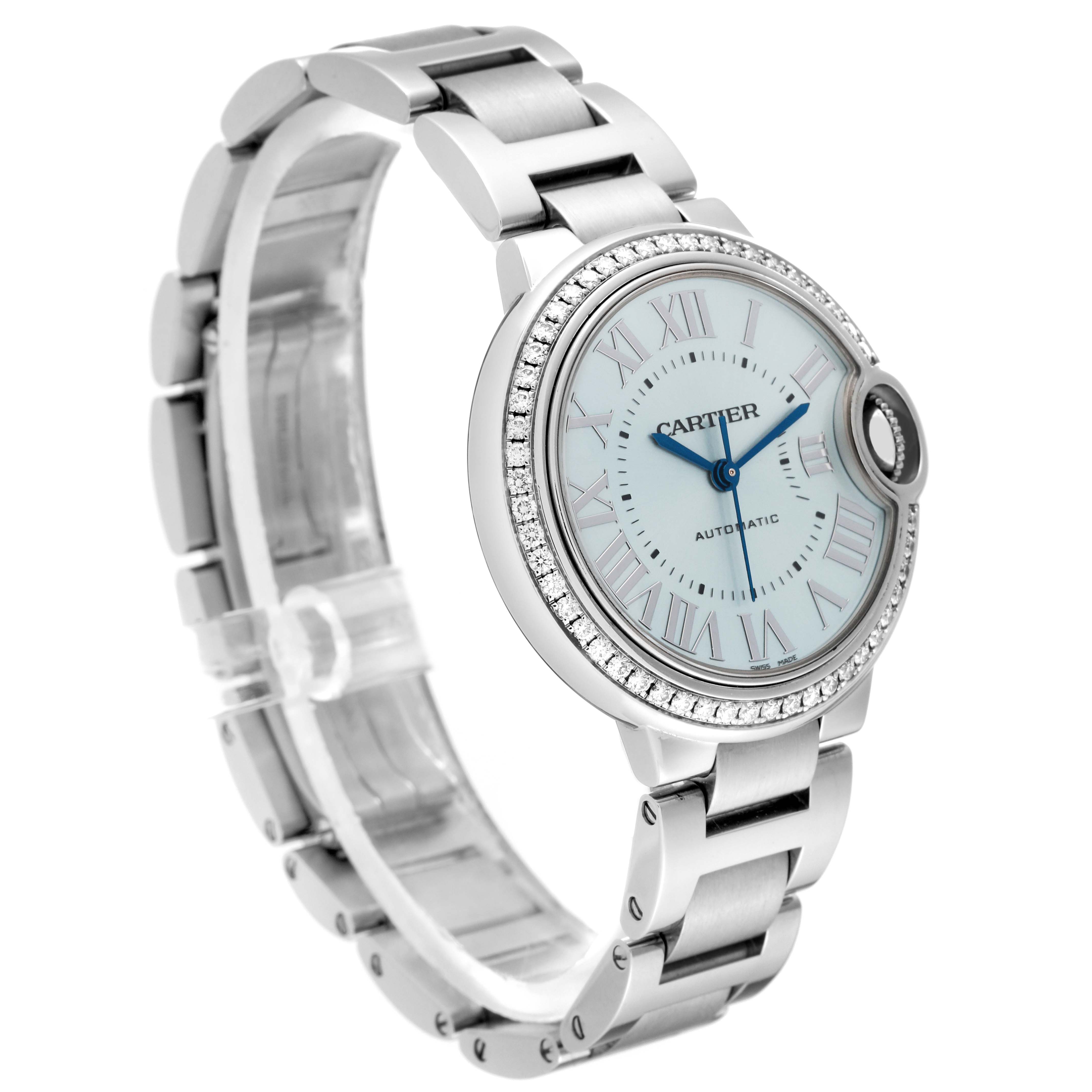 The image shows a Cartier Ballon Bleu W4BB0028 Women's Stainless Steel Blue Dial W4BB0028 Women's Stainless Steel Blue Dial watch from a 3/4 angle, highlighting the face, bezel, and bracelet.