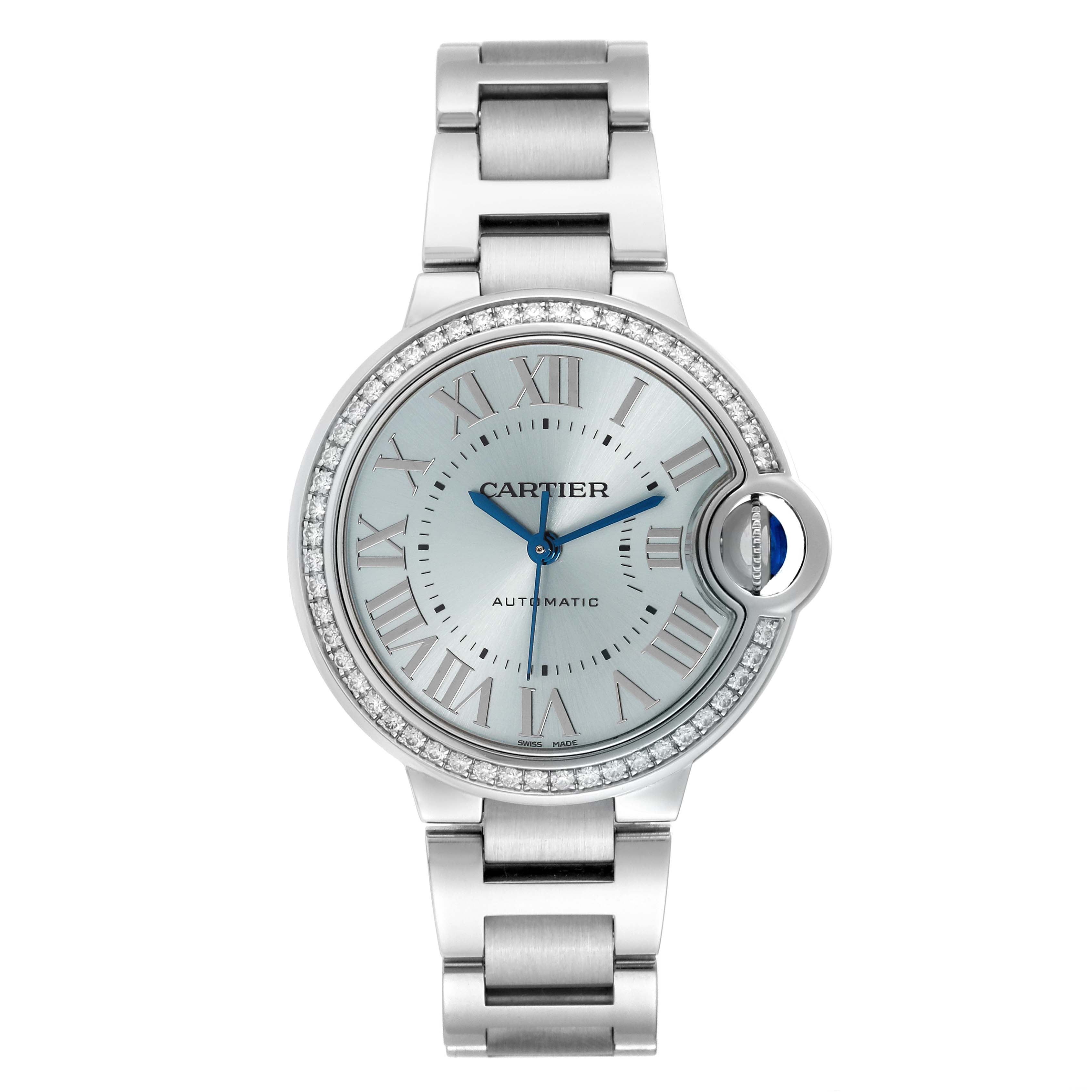 The image shows a front view of the Cartier Ballon Bleu W4BB0028 Women's Stainless Steel Blue Dial W4BB0028 Women's Stainless Steel Blue Dial model watch, displaying its face, bracelet, and crown.