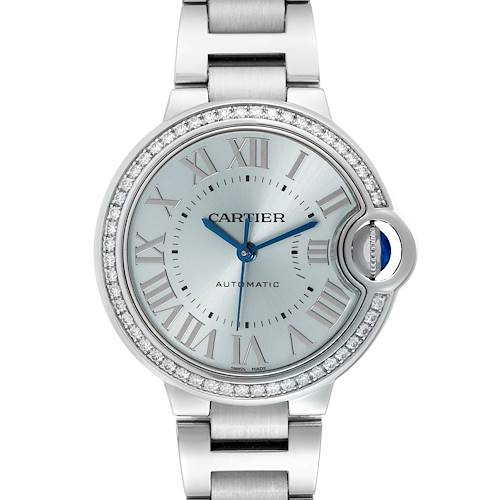 This image shows the front view of a Cartier Ballon Bleu watch, featuring a silver dial, Roman numerals, and a metal bracelet.