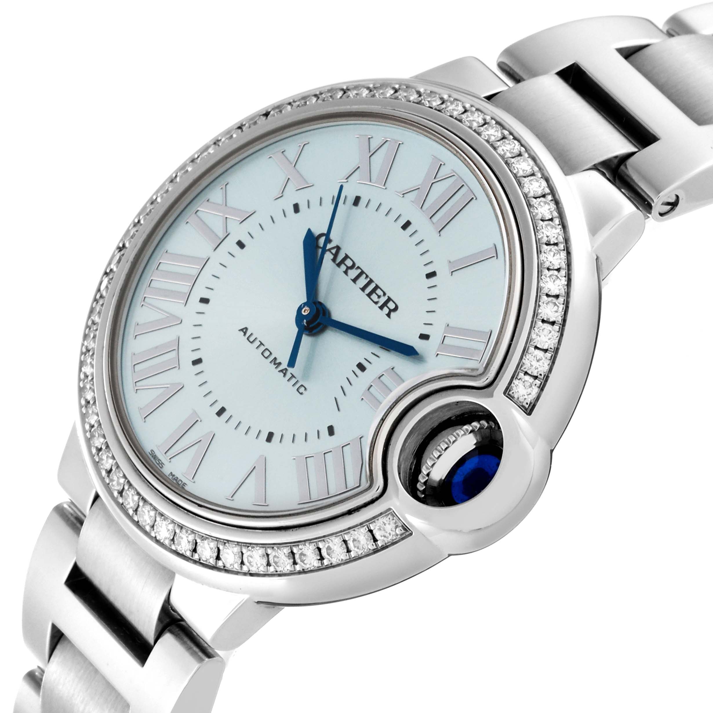 The image shows a close-up angled view of the Cartier Ballon Bleu W4BB0028 Women's Stainless Steel Blue Dial W4BB0028 Women's Stainless Steel Blue Dial watch, highlighting the face, Roman numerals, and bezel.