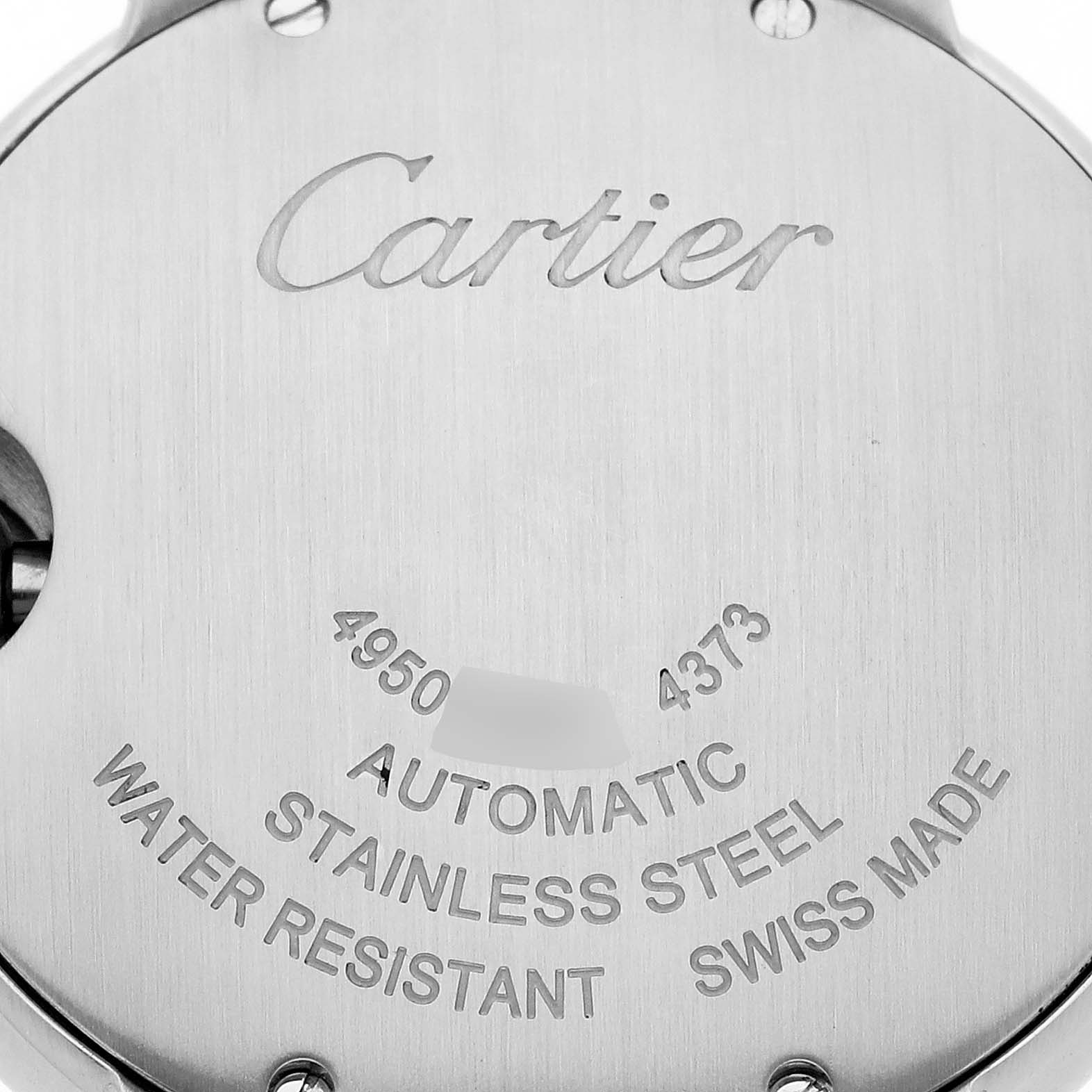 This is the back casing of a Ballon Bleu by Cartier, showing its stainless steel material and inscriptions.