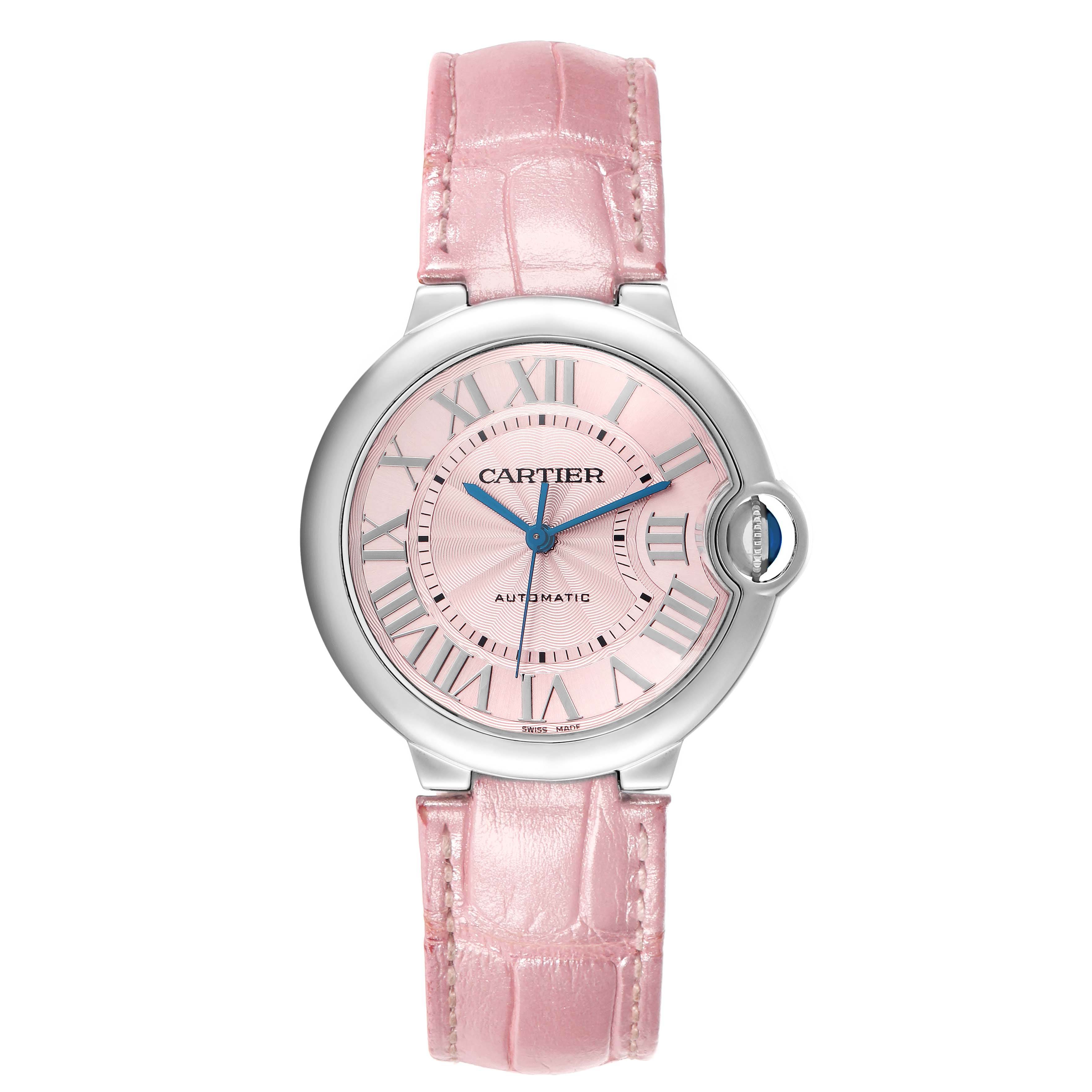 The Cartier Ballon Bleu WSBB0007 Women
s Stainless Steel Pink Dial watch is shown from a direct top view, highlighting the pink dial, Roman numerals, blue hands, and pink strap.