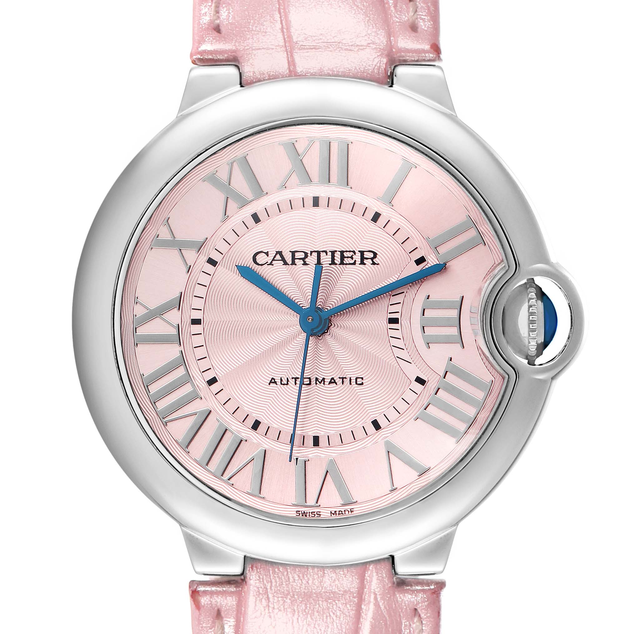 The Cartier Ballon Bleu WSBB0007 Women
s Stainless Steel Pink Dial watch is shown from the front, highlighting the pink dial, Roman numerals, and metal case with a crown.