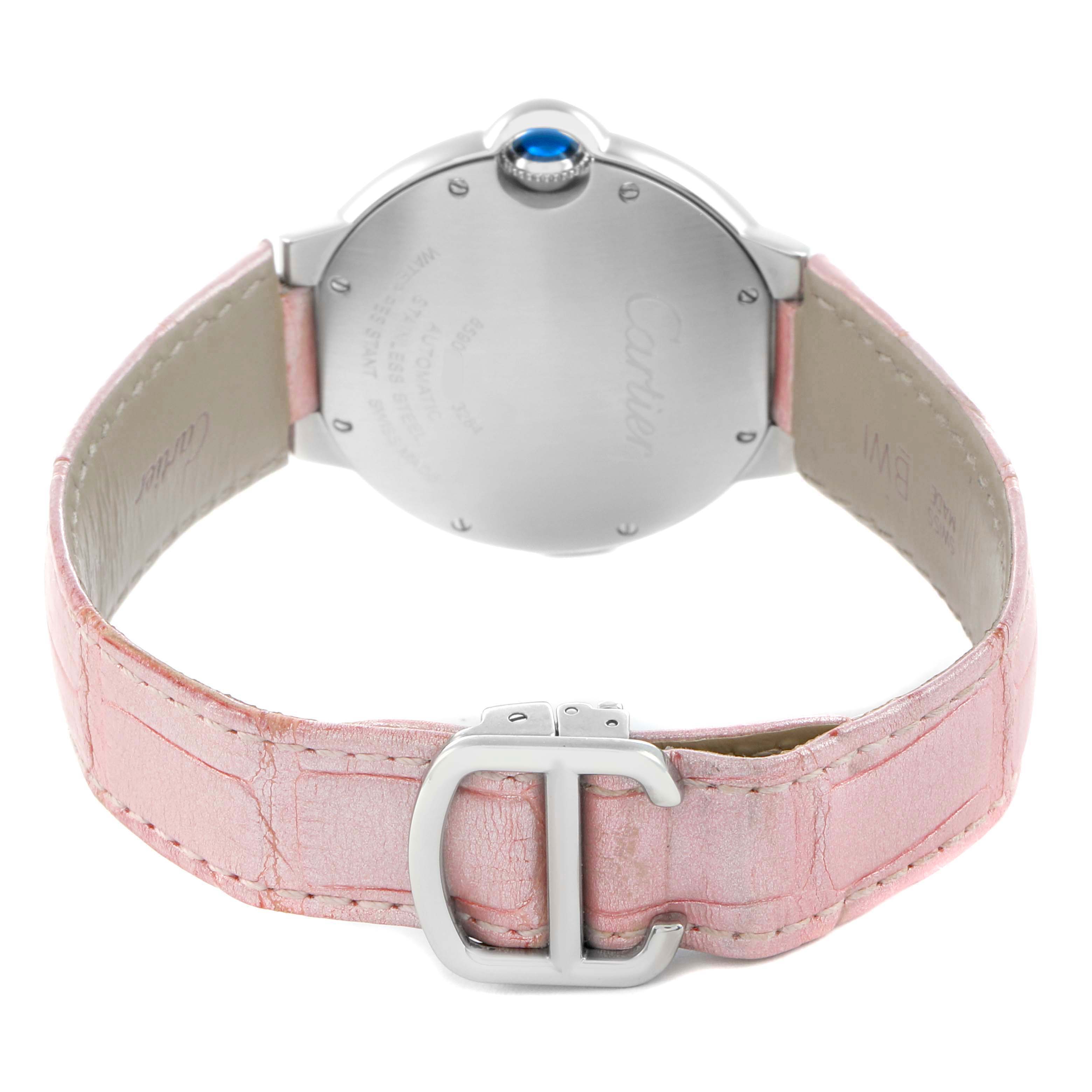 The image shows the back view of a Cartier Ballon Bleu WSBB0007 Women
s Stainless Steel Pink Dial watch, highlighting the clasp, case back, and crown with a pink strap.