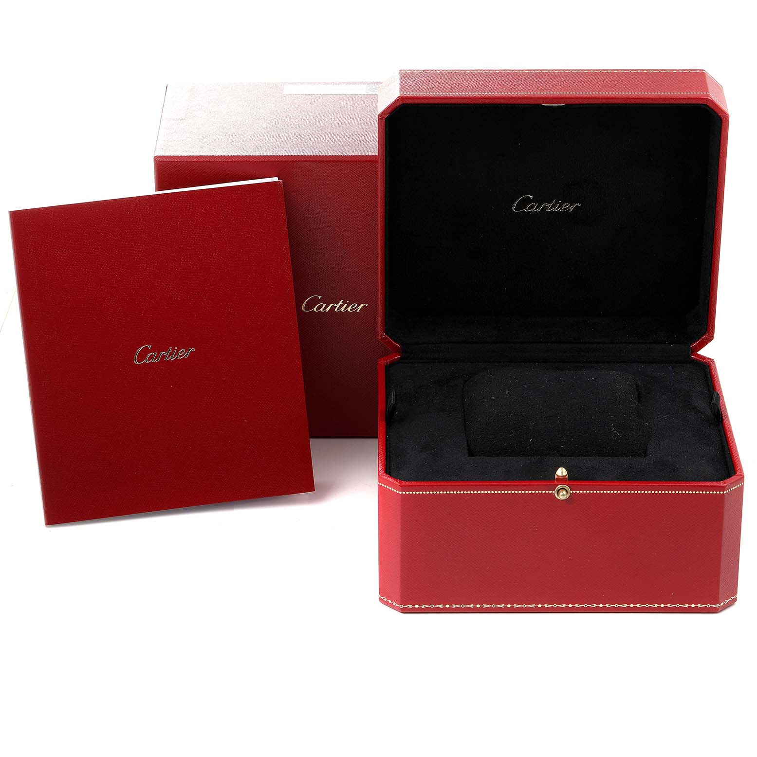 This image shows the packaging for a Cartier Ballon Bleu W3BB0009 Women's Steel and Gold (two tone) Silver Dial W3BB0009 Women's Steel and Gold (two tone) Silver Dial watch, including the watch box and accompanying documentation.