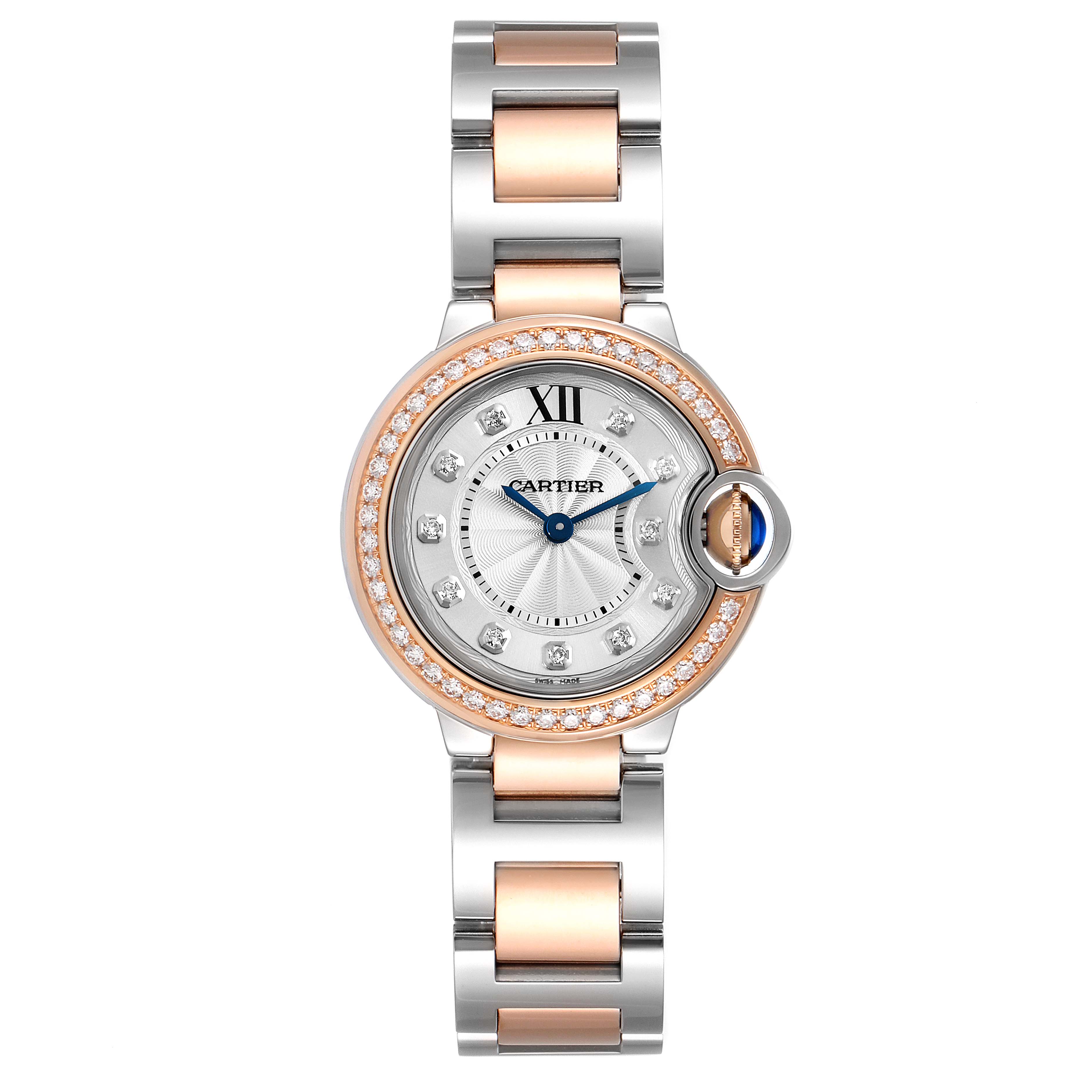 The image shows a front view of a Cartier Ballon Bleu W3BB0009 Women's Steel and Gold (two tone) Silver Dial W3BB0009 Women's Steel and Gold (two tone) Silver Dial watch displaying the dial, bezel, and bracelet.