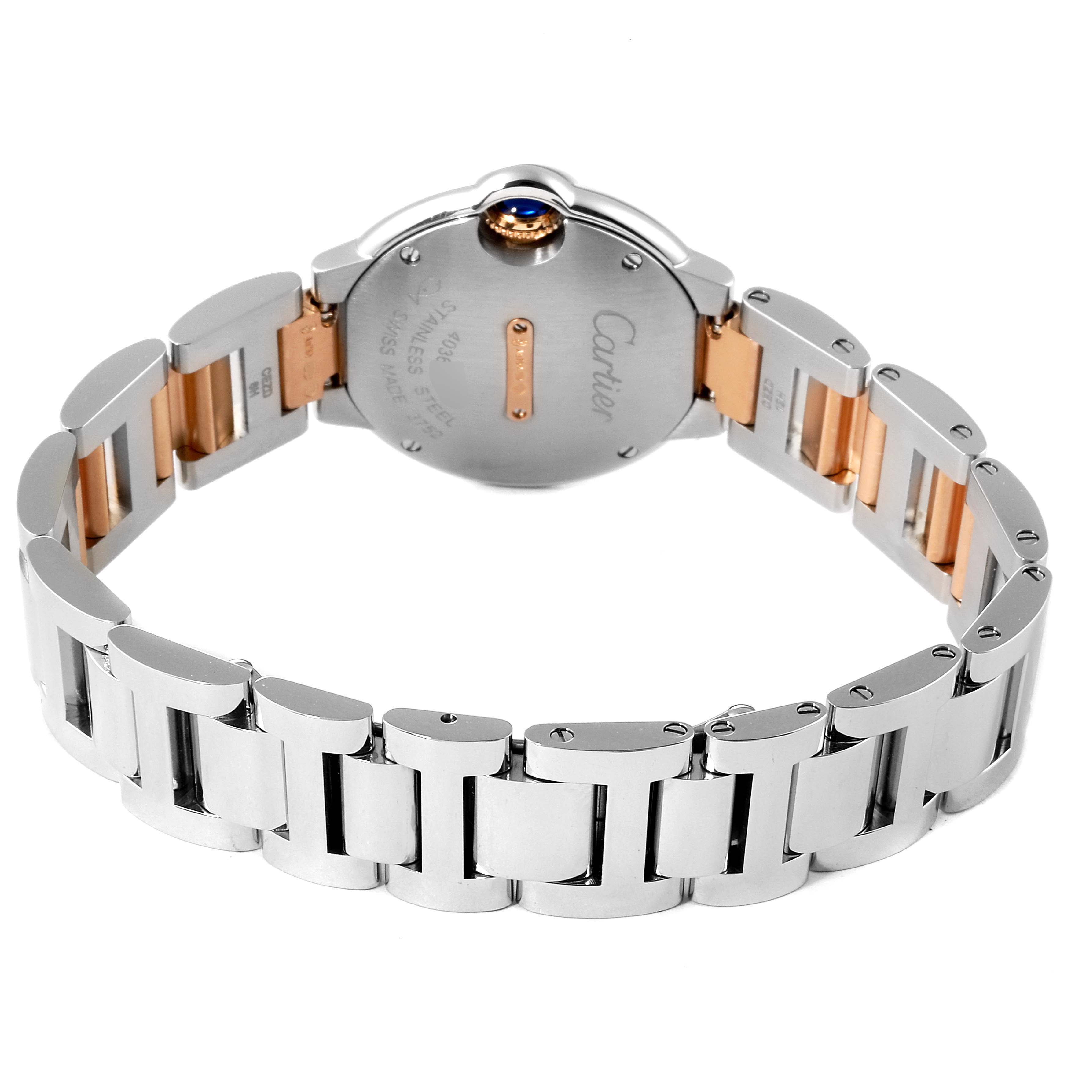 The image shows the back view of a Cartier Ballon Bleu W3BB0009 Women's Steel and Gold (two tone) Silver Dial W3BB0009 Women's Steel and Gold (two tone) Silver Dial watch, highlighting its stainless steel and rose gold bracelet.