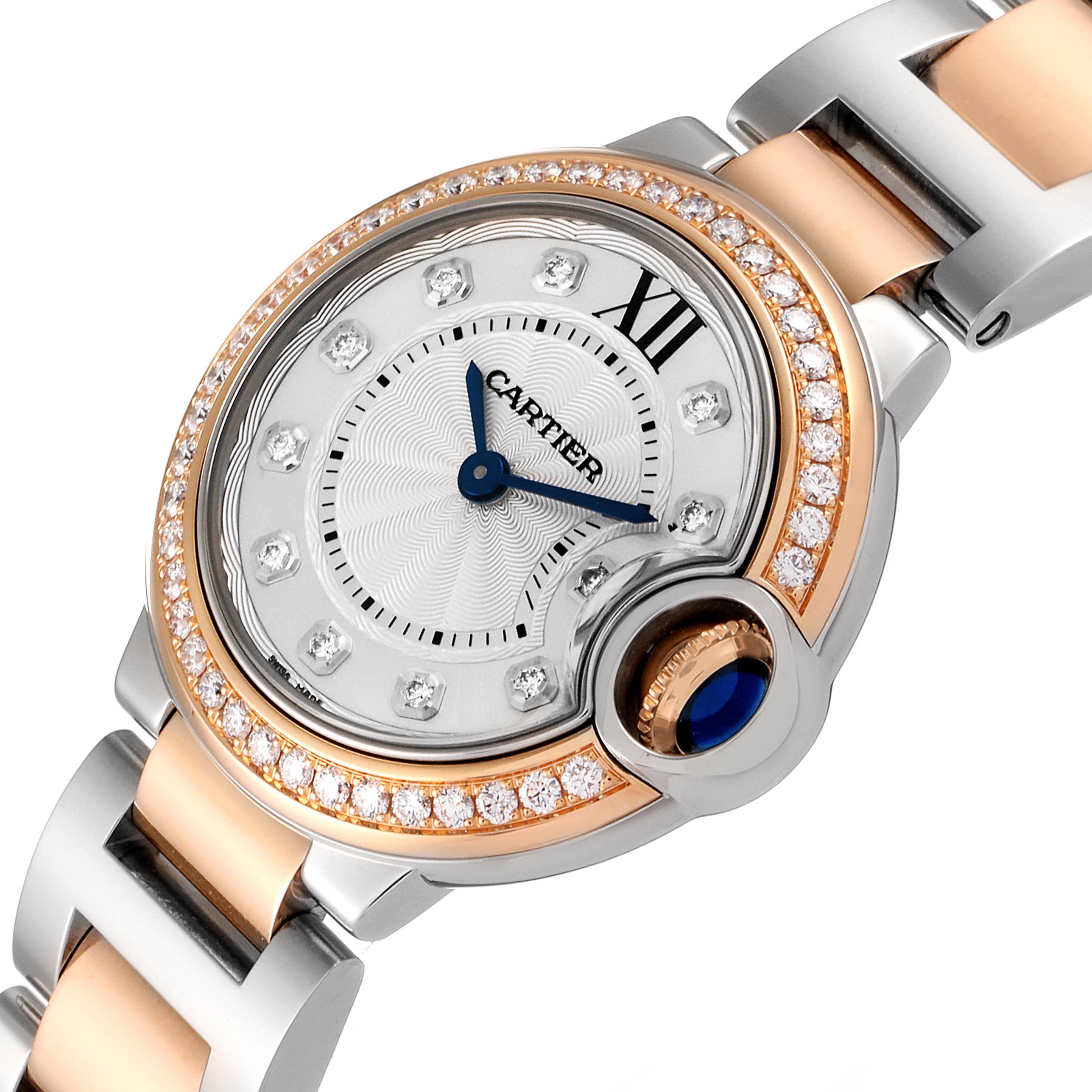 The image shows a close-up angle of the Cartier Ballon Bleu W3BB0009 Women's Steel and Gold (two tone) Silver Dial W3BB0009 Women's Steel and Gold (two tone) Silver Dial watch, highlighting the dial, diamond bezel, and crown.