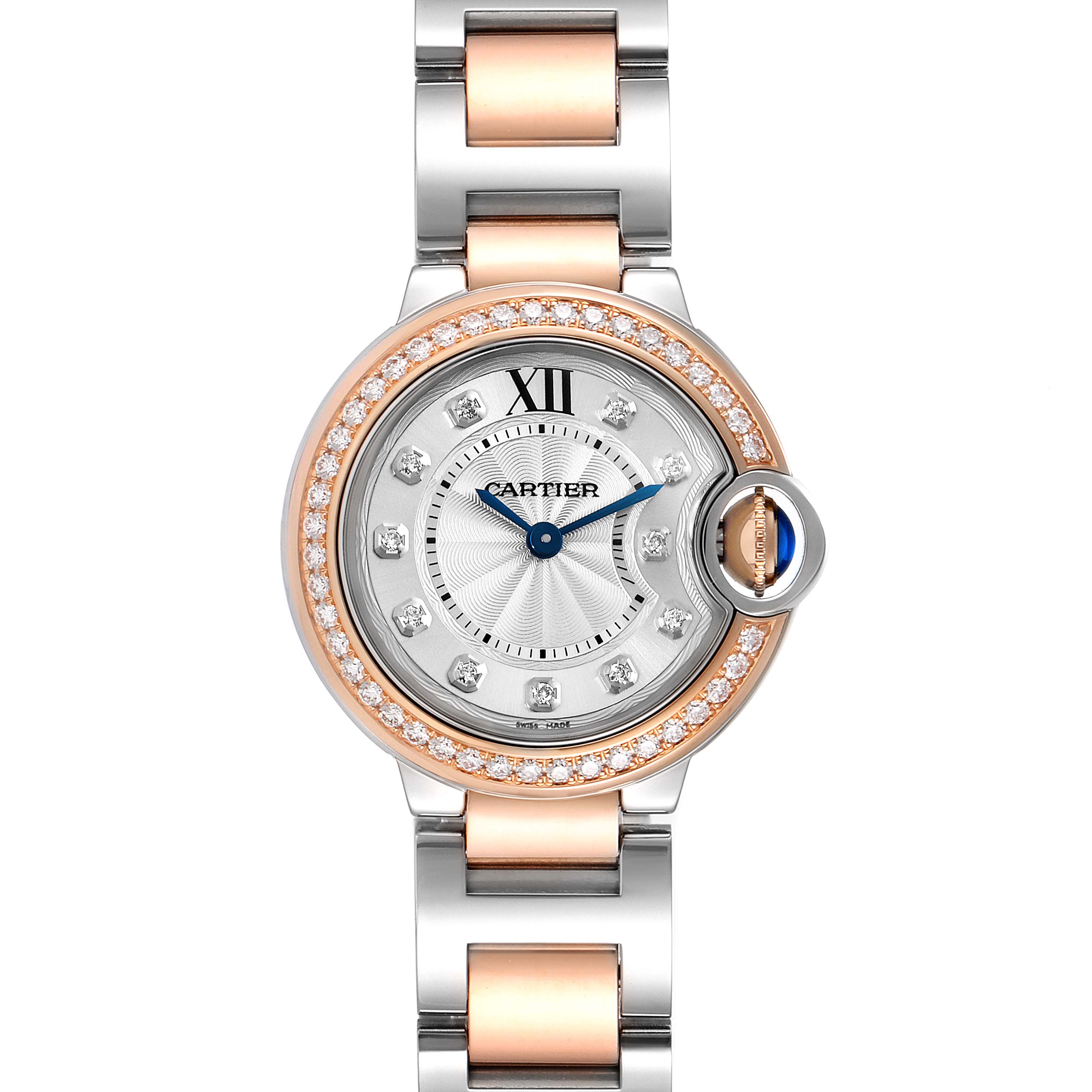 The image shows a front view of the Cartier Ballon Bleu W3BB0009 Women's Steel and Gold (two tone) Silver Dial W3BB0009 Women's Steel and Gold (two tone) Silver Dial watch, highlighting the face, dial, bezel, and part of the two-tone bracelet.