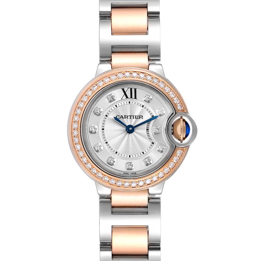 Cartier Ballon Blue Steel Rose Gold Diamond Ladies Watch W3BB0009 Unworn SwissWatchExpo