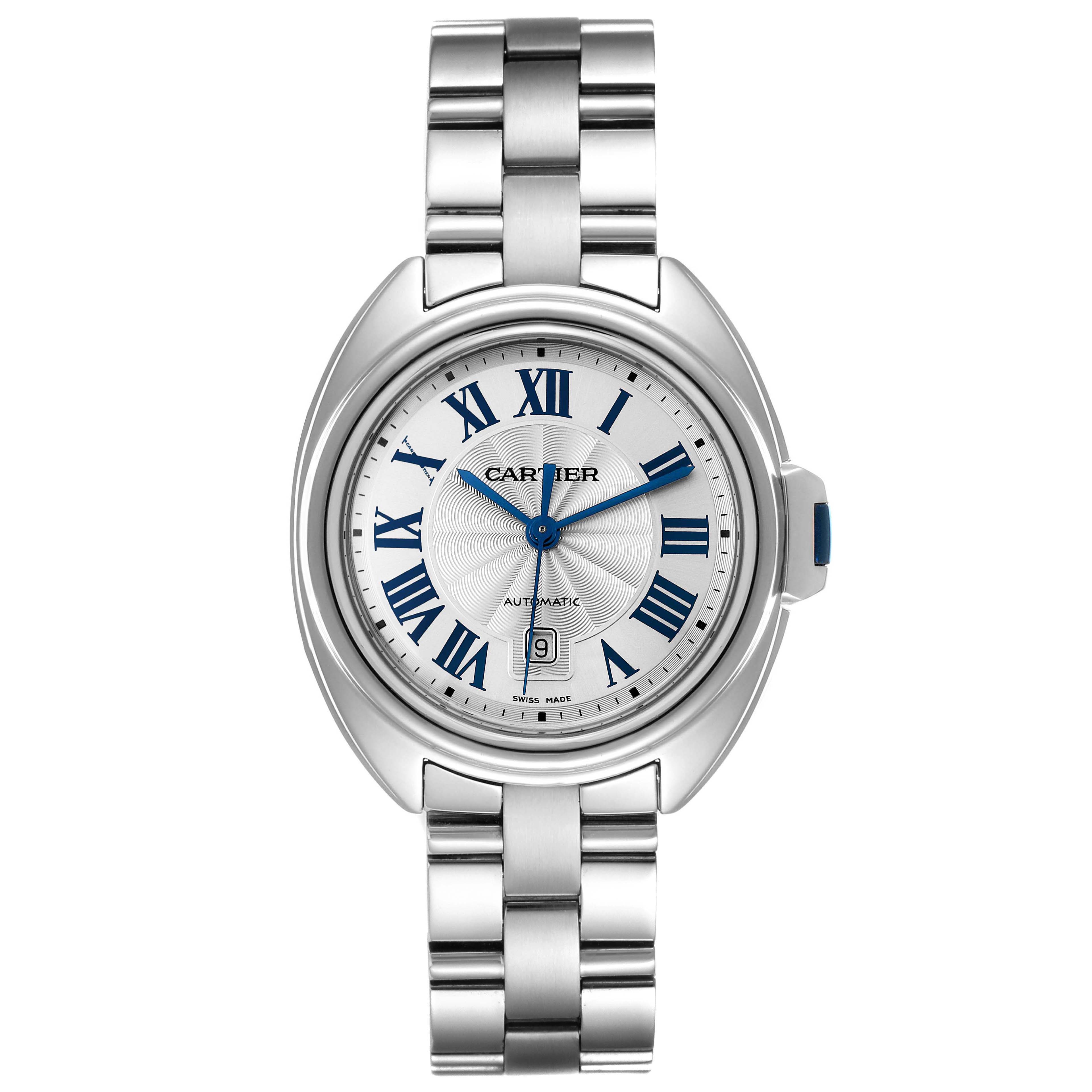 This image shows a frontal view of the Cartier Clé watch, displaying its face, bracelet, and side crown.