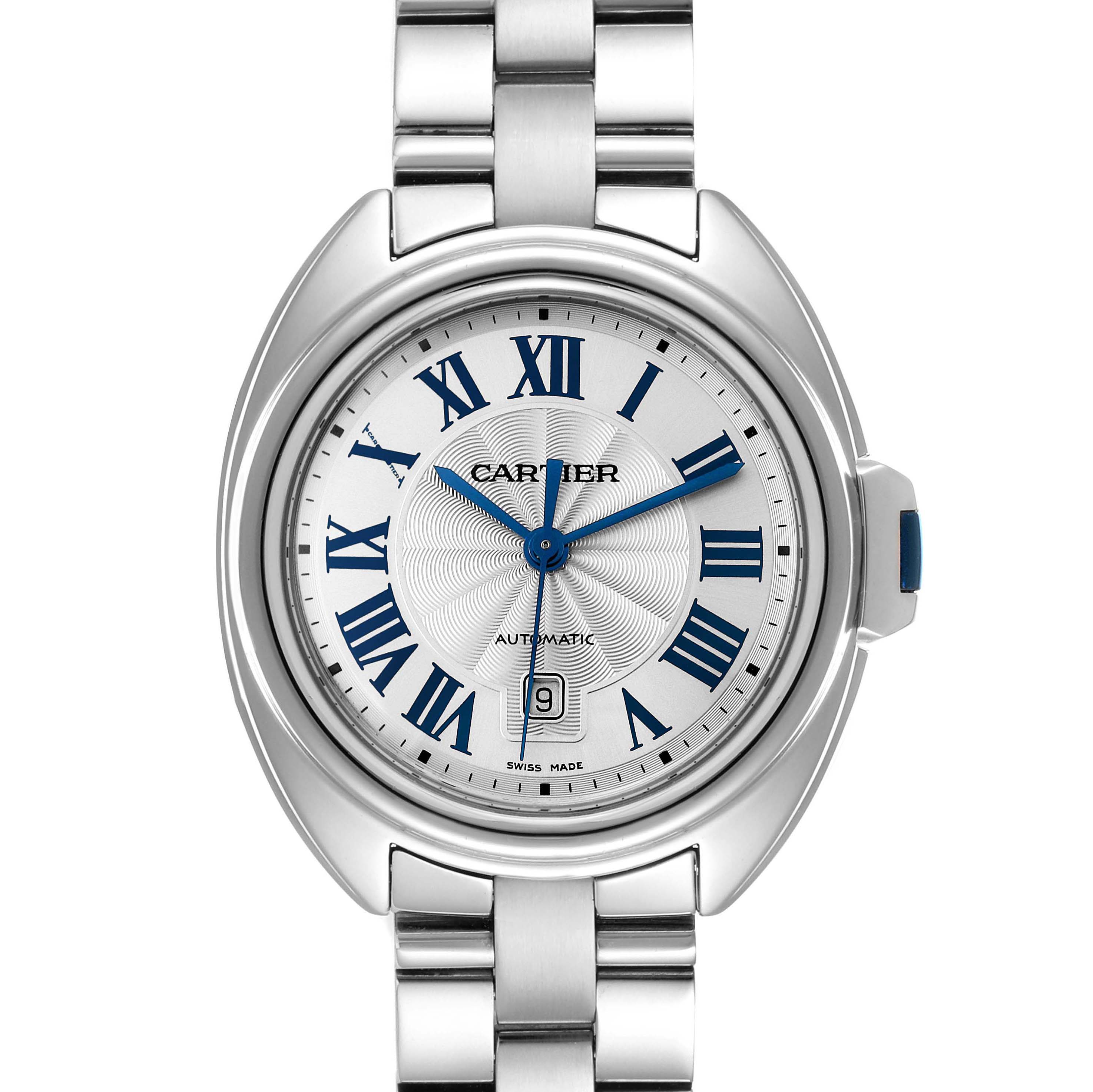 This Cartier Cle WSCL0005 Women's Stainless Steel Blue Dial WSCL0005 Women's Stainless Steel Blue Dial model watch is shown from a top-down view, displaying the dial, bracelet, and crown.