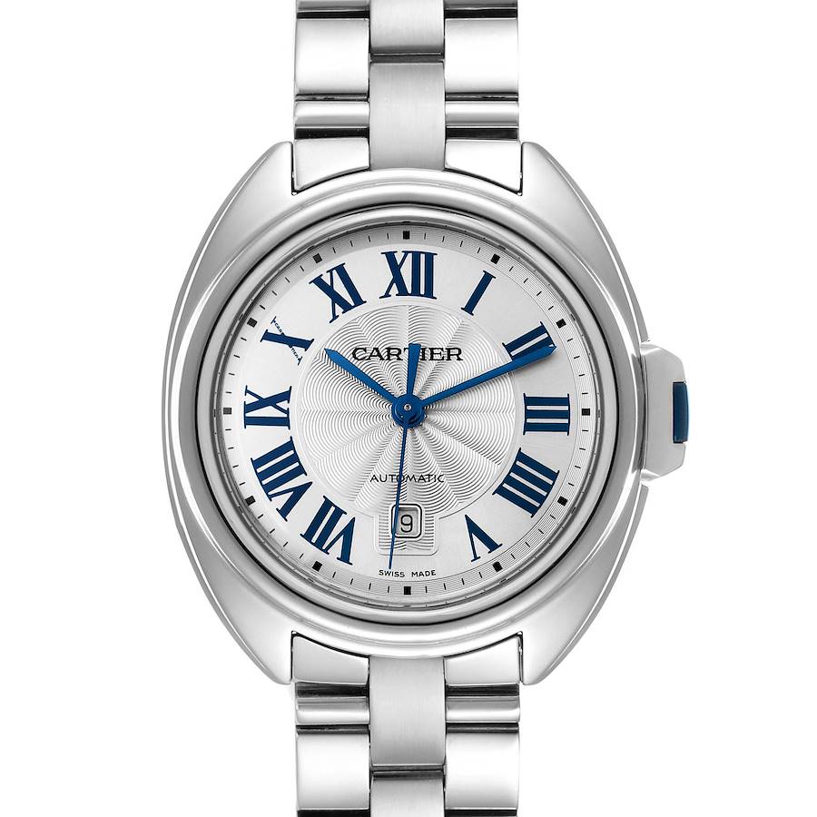Cartier Cle Silver Guilloche Dial Automatic Steel Ladies Watch WSCL0005 SwissWatchExpo