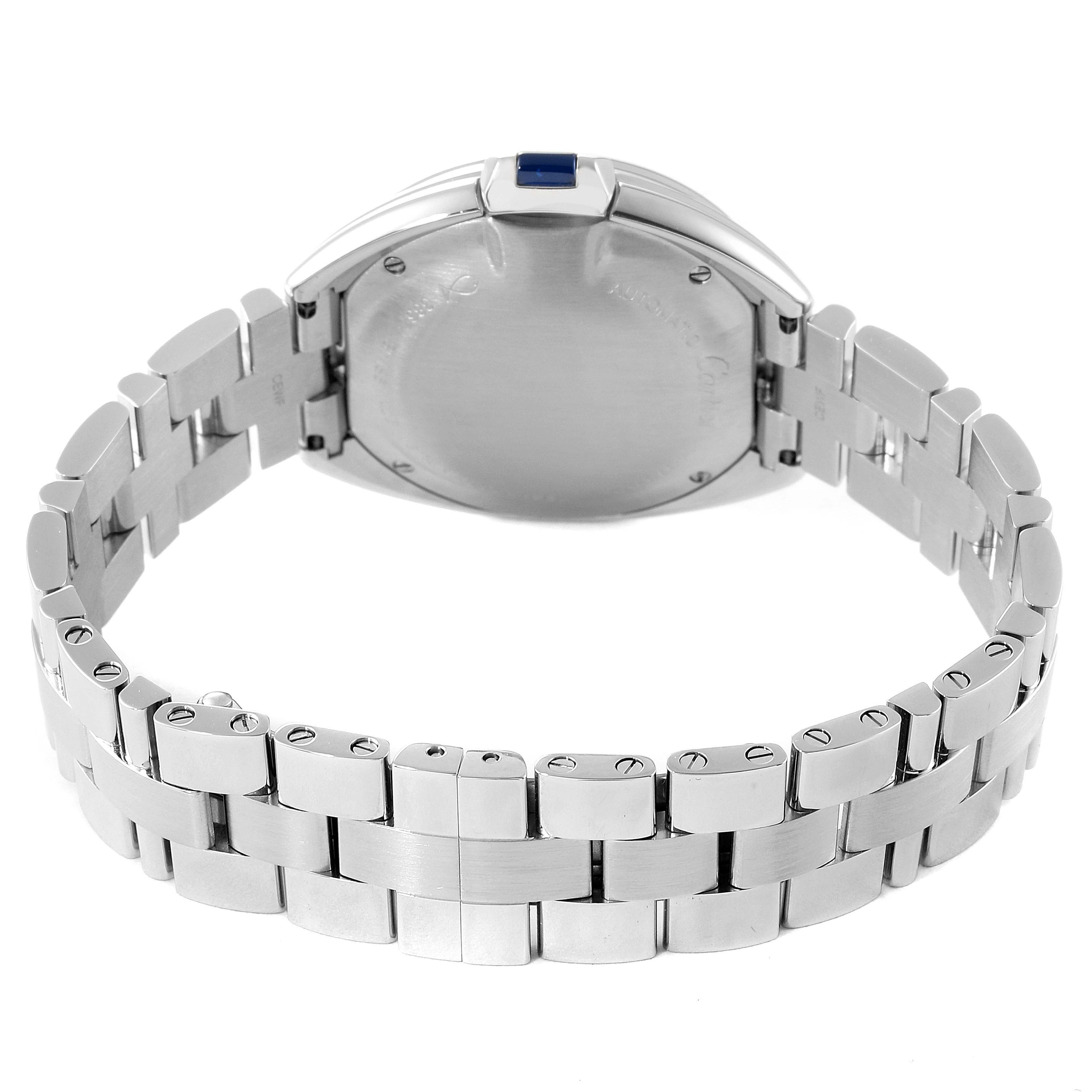 This image shows the back view of the Cartier Clé model watch, focusing on its metal strap and case back.